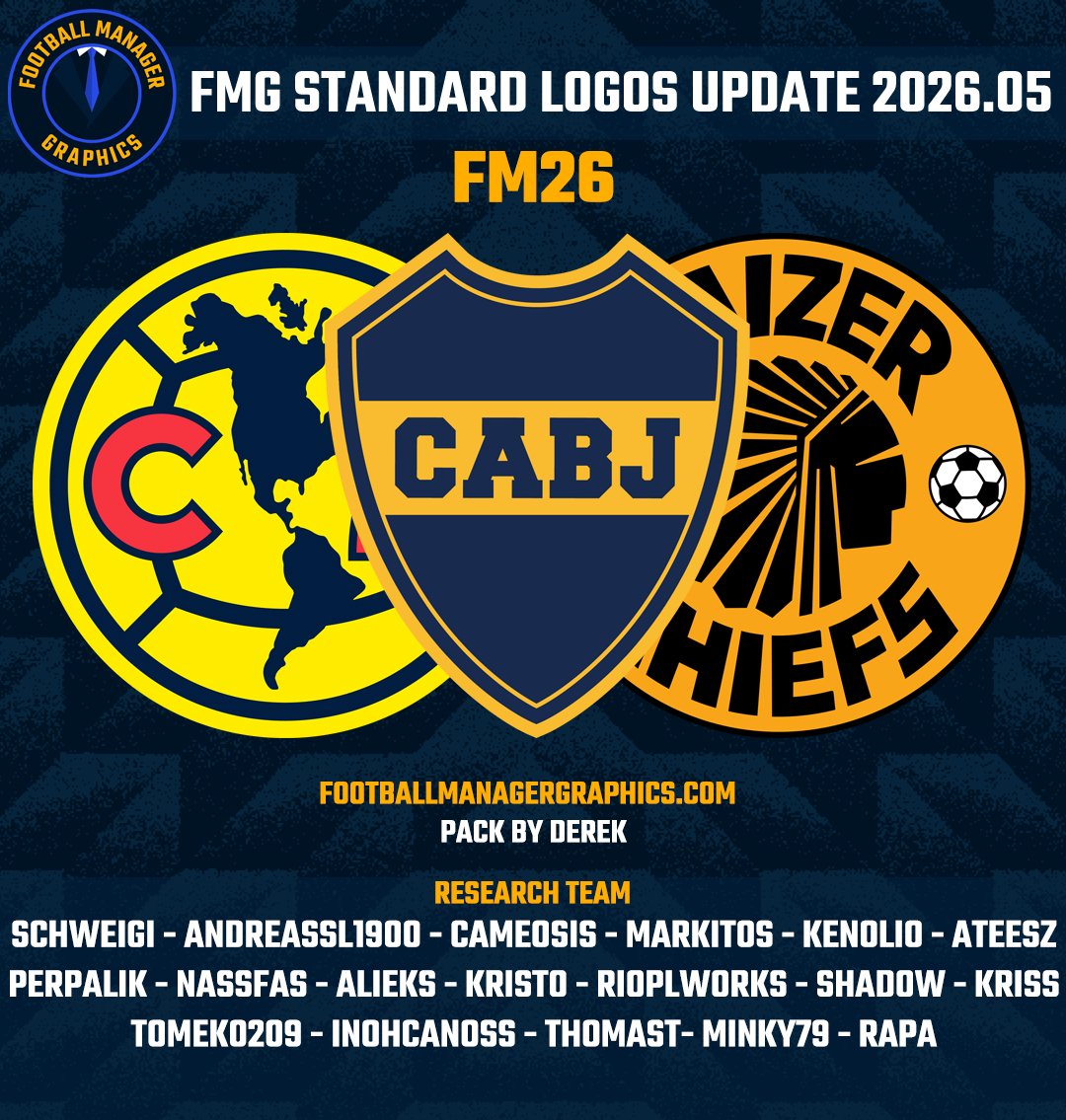 fmgraphics22's tweet image. FMG Logos Update 2026.05 Out Now!

All 8 Styles Have Been Updated with 3,063 New Logos for #FM26, #FM24 &amp;amp; #FMMobile

♂️ 2,845
♀️ 218
🛡️ 3,063

Over 9⃣8⃣,0⃣0⃣0⃣ Logos In Each Style Available To Download From FMGraphics 👇

🔗 footballmanagergraphics.com

#boca #kaiser #footballmanager