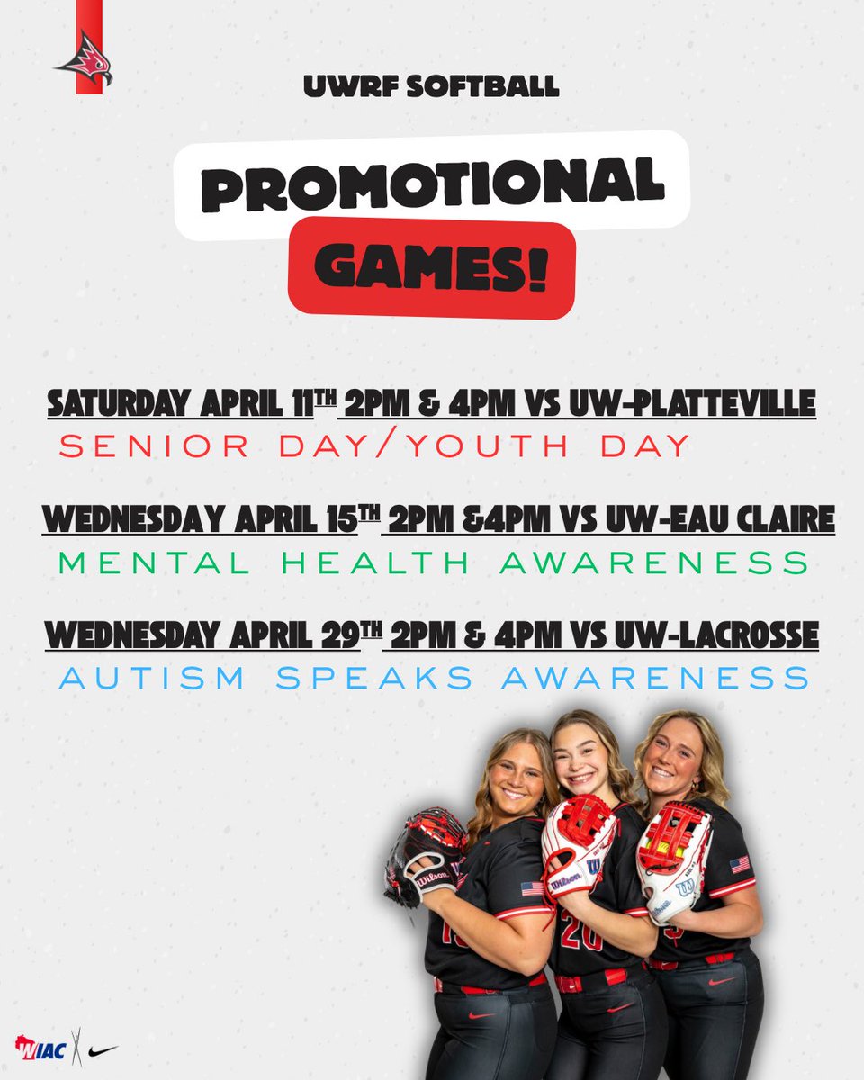 UWRFSOFTBALL's tweet image. Upcoming HOME games!!! 🔜🔥

Hope to see you there to help us support each of these promotional games!

#uwrfsoftball #team44 #fft