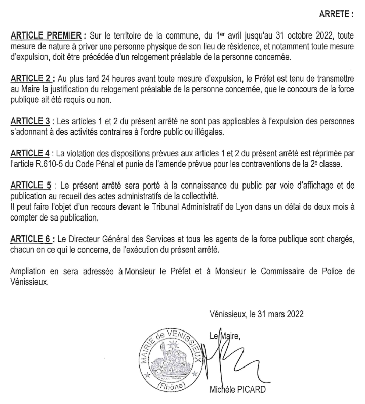 L'arrêté a des précédents en France; p. ex. c'est un calque de l'arrêté de la mairie de Vénissieux (65.000 hab.) du 31 mars 2022, sous le mandat de M. Picard (PCF), qui vient d'être été substituée par LFI. Mais Bagayoko&amp;Co n'ont rien dit par rapport à ce qui s'est passé là-bas.
