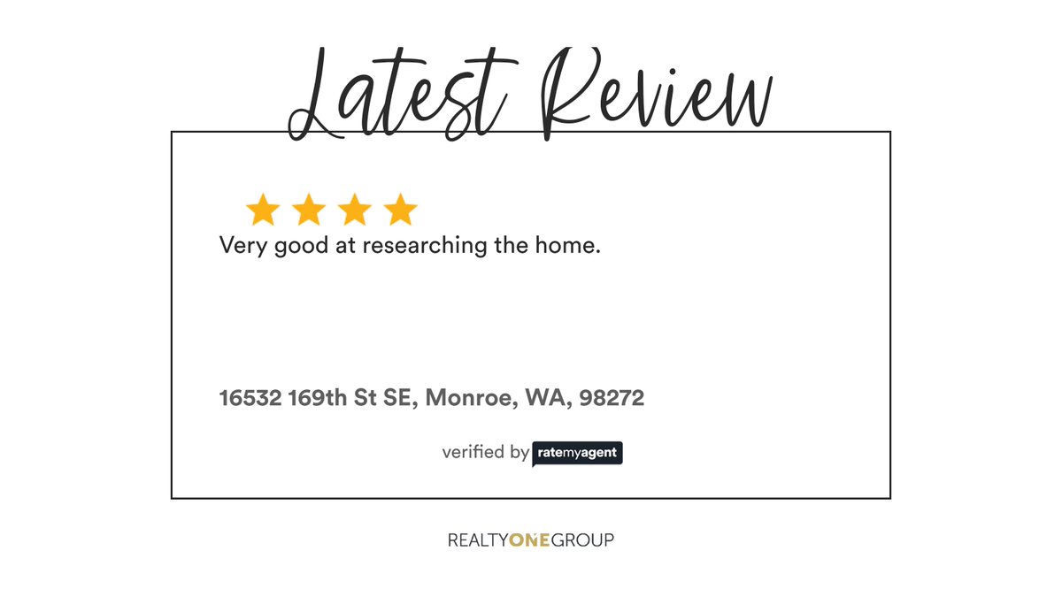 Everydayagent's tweet photo. My latest RateMyAgent review in Monroe.

https://t.co/mhdH1SFshS

...
#ratemyagent #realestate #Realty_ONE_Group_Orca__Marysville https://t.co/CyiDV0dPD3