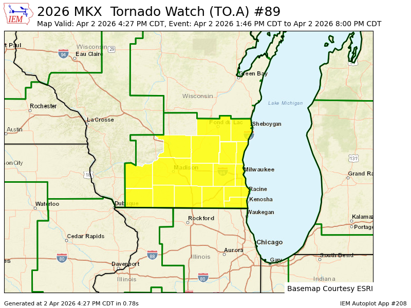 iembot_mkx's tweet photo. MKX updates Tornado Watch (expands area to include Columbia, Dane, Dodge, Fond du Lac, Iowa, Jefferson, Kenosha, Milwaukee, Ozaukee, Racine, Sheboygan, Washington, Waukesha [WI], continues Green, Lafayette, Rock, Walworth [WI]) till Apr 2, 8:00 PM CDT https://t.co/N3hI41Z8UJ https://t.co/82T6OGifhi