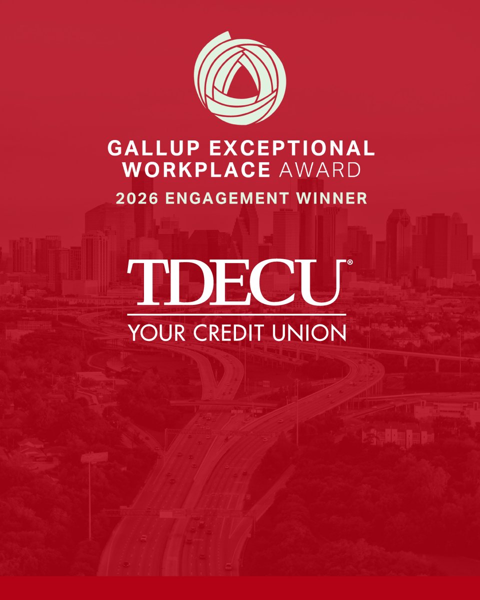 TDECU's tweet image. TDECU is proud to receive this recognition from @Gallup, an honor that reflects our ongoing commitment to creating an exceptional workplace and delivering meaningful experiences for our Members. ❤️  #TDECUCares #PeopleHelpingPeople #WorkplaceExcellence