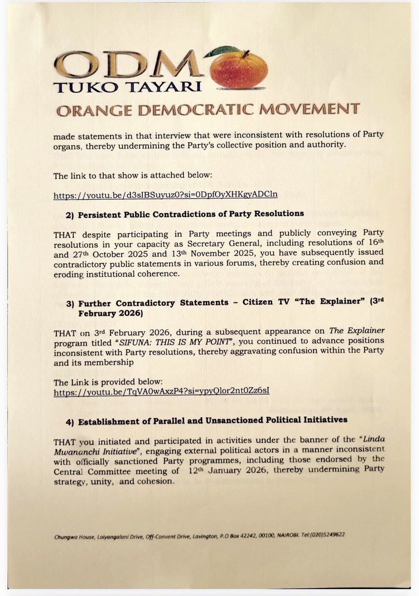 smutoro's tweet photo. Since @edwinsifuna is busy with more urgent issues, I’ll take it upon myself to give a preliminary summary response to @gladyswanga of @ODMPartyKenya 

ODM v. SIFUNA — THE KILLER FLAW: WANGA IS JUDGE AND COMPLAINANT
🍊 Nemo judex in causa sua — no one can judge their own cause
🍊 Wanga chaired/participated in the NEC that initiated charges, then signed the Show Cause Notice as charging authority
🍊 This alone voids the entire process
🍊 Authority: Anarita Karimi Njeru v Republic [1979]; ODM Constitution Art. 74(3)

CHARGE 1 — TV STATEMENT (22 JULY 2025)
🍊 No specific NEC resolution pre-dating the interview is identified — charge is fatally vague
🍊 Calling the ODM-UDA MoU “dead” is protected political expression under Article 33
🍊 Personal opinion ≠ gross misconduct
🍊 Authority: John Harun Mwau v IEBC [2013]; Oduya v Kenya Power [2019]

CHARGE 2 — PERSISTENT CONTRADICTIONS (OCT–NOV 2025)
🍊 Notice admits Sifuna attended meetings and conveyed resolutions — he was doing his job
🍊 No verbatim statements quoted; no specific resolution identified as contradicted
🍊 An independently elected SG has his own democratic mandate — he cannot be gagged by NEC
🍊 Authority: Outa v ODM [2014]; Joho v Nyange [2008]

CHARGE 3 — “SIFUNA: THIS IS MY POINT” (3 FEB 2026)

🍊Programme title itself signals personal opinion — not official party communication
🍊 Disciplining a politician for personal TV commentary is disciplining free speech
🍊 Political Parties Act s.24(2)(d) protects expression of minority views
🍊 Authority: Constitution Art. 33(1); Political Parties Act s.24

CHARGE 4 — LINDA MWANANCHI INITIATIVE
🍊 Civic engagement outside the party is a constitutional right under Articles 36 & 38
🍊 ODM must prove it was a rival party or caused specific harm — it does neither
🍊 Self-defeating: Charge relies on 12 Jan 2026 Central Committee resolution — the same meeting Charge 5 says Sifuna didn’t attend. 
🍊 He cannot be bound by resolutions of a meeting ODM itself says he missed

CHARGE 5 — FAILURE TO ATTEND MEETINGS
🍊 Absenteeism alone is not gross misconduct — ODM never inquired into Sifuna’s reasons
🍊 The 11 Feb 2026 NEC meeting was convened to prosecute him — non-attendance at your own witch-hunt cannot itself be a charge
🍊 Authority: Ngugi v University of Nairobi [2012]

CHARGE 8 — PREJUDICIAL CONDUCT (OMNIBUS)
🍊 A catch-all charge cannot rescue individually defective charges
🍊 Aggregating weak charges does not create a strong one
🍊 Authority: Republic v PSC ex parte Mutiso [2015]

THE FOUR-DAY DEADLINE IS UNCONSTITUTIONAL
🍊 2 Apr → 8 Apr to respond to 9 months of alleged conduct; hearing on 10 Apr
🍊 Manifestly inadequate under Art. 47(1) (fair administrative action) and Art. 50(2)(c) (adequate time to prepare defence)
🍊 Authority: JSC v Mbalu Mutava [2015 CoA]; Republic v KNEC ex parte Gathenji [1997]