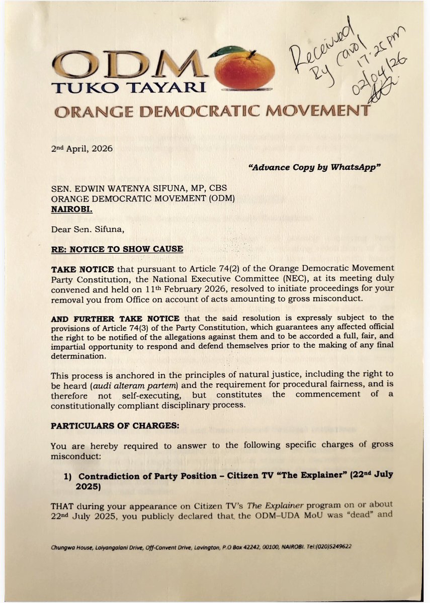 smutoro's tweet photo. Since @edwinsifuna is busy with more urgent issues, I’ll take it upon myself to give a preliminary summary response to @gladyswanga of @ODMPartyKenya 

ODM v. SIFUNA — THE KILLER FLAW: WANGA IS JUDGE AND COMPLAINANT
🍊 Nemo judex in causa sua — no one can judge their own cause
🍊 Wanga chaired/participated in the NEC that initiated charges, then signed the Show Cause Notice as charging authority
🍊 This alone voids the entire process
🍊 Authority: Anarita Karimi Njeru v Republic [1979]; ODM Constitution Art. 74(3)

CHARGE 1 — TV STATEMENT (22 JULY 2025)
🍊 No specific NEC resolution pre-dating the interview is identified — charge is fatally vague
🍊 Calling the ODM-UDA MoU “dead” is protected political expression under Article 33
🍊 Personal opinion ≠ gross misconduct
🍊 Authority: John Harun Mwau v IEBC [2013]; Oduya v Kenya Power [2019]

CHARGE 2 — PERSISTENT CONTRADICTIONS (OCT–NOV 2025)
🍊 Notice admits Sifuna attended meetings and conveyed resolutions — he was doing his job
🍊 No verbatim statements quoted; no specific resolution identified as contradicted
🍊 An independently elected SG has his own democratic mandate — he cannot be gagged by NEC
🍊 Authority: Outa v ODM [2014]; Joho v Nyange [2008]

CHARGE 3 — “SIFUNA: THIS IS MY POINT” (3 FEB 2026)

🍊Programme title itself signals personal opinion — not official party communication
🍊 Disciplining a politician for personal TV commentary is disciplining free speech
🍊 Political Parties Act s.24(2)(d) protects expression of minority views
🍊 Authority: Constitution Art. 33(1); Political Parties Act s.24

CHARGE 4 — LINDA MWANANCHI INITIATIVE
🍊 Civic engagement outside the party is a constitutional right under Articles 36 & 38
🍊 ODM must prove it was a rival party or caused specific harm — it does neither
🍊 Self-defeating: Charge relies on 12 Jan 2026 Central Committee resolution — the same meeting Charge 5 says Sifuna didn’t attend. 
🍊 He cannot be bound by resolutions of a meeting ODM itself says he missed

CHARGE 5 — FAILURE TO ATTEND MEETINGS
🍊 Absenteeism alone is not gross misconduct — ODM never inquired into Sifuna’s reasons
🍊 The 11 Feb 2026 NEC meeting was convened to prosecute him — non-attendance at your own witch-hunt cannot itself be a charge
🍊 Authority: Ngugi v University of Nairobi [2012]

CHARGE 8 — PREJUDICIAL CONDUCT (OMNIBUS)
🍊 A catch-all charge cannot rescue individually defective charges
🍊 Aggregating weak charges does not create a strong one
🍊 Authority: Republic v PSC ex parte Mutiso [2015]

THE FOUR-DAY DEADLINE IS UNCONSTITUTIONAL
🍊 2 Apr → 8 Apr to respond to 9 months of alleged conduct; hearing on 10 Apr
🍊 Manifestly inadequate under Art. 47(1) (fair administrative action) and Art. 50(2)(c) (adequate time to prepare defence)
🍊 Authority: JSC v Mbalu Mutava [2015 CoA]; Republic v KNEC ex parte Gathenji [1997]