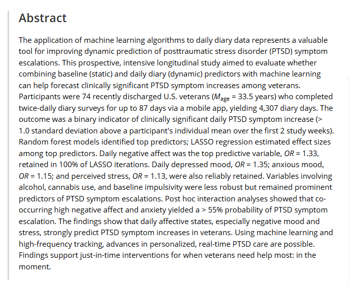 ericRpedersen's tweet image. Our new paper published in the Journal of Traumatic Stress: Precision prediction of posttraumatic stress disorder symptom surges: A pilot study integrating real‐time daily data with supervised learning. #Trauma #PTSD @RANDCorporation @IASatUSC  onlinelibrary.wiley.com/doi/10.1002/jt…