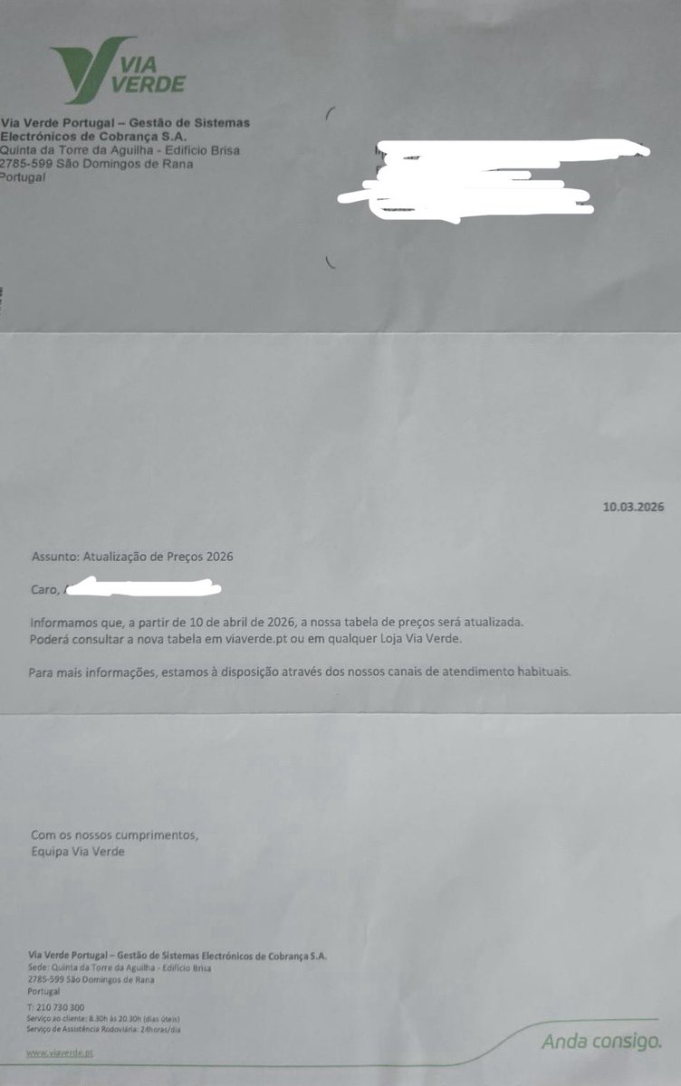 O meu avô, que faleceu há 20 anos, recebeu uma carta da Via Verde a informar do aumento das tarifas.

Deve andar a fazer corridas lá em cima.