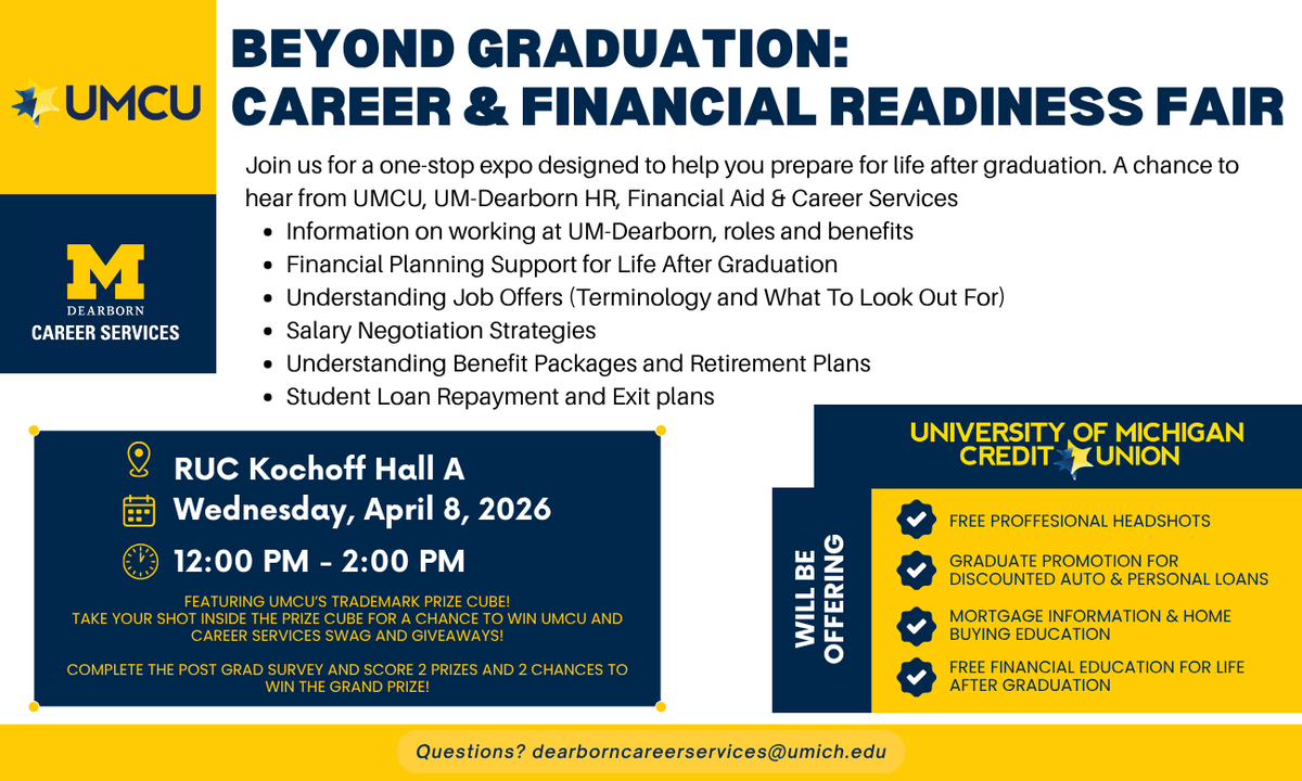 UMDearbornCEHHS's tweet photo. “Beyond Graduation: Career &amp; Financial Readiness Fair” Get help with job offers &amp; salary negotiation, benefits/retirement, budgeting &amp; loan repayment. @umdearborncareerservices https://t.co/5BI6A4hVJE