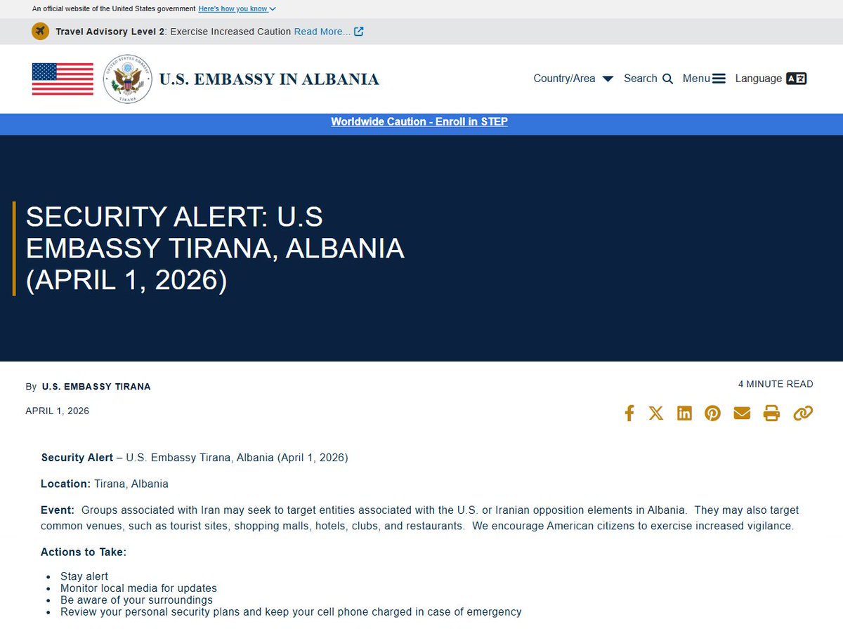 BREAKING IRAN NEWS ALERT 🚨
U.S. Embassy in Albania warns Iran-linked groups may target U.S. institutions and the PMOI. Public places like tourist sites, malls, hotels, clubs, and restaurants could also be targeted. Citizens urged to stay alert and review security.

PMOI members