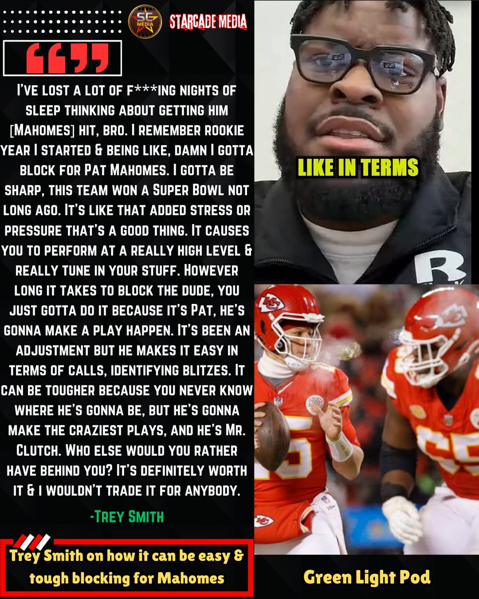 StarcadeMediaKC's tweet image. #Chiefs RG Trey Smith on how it can be easy &amp;amp; tough blocking for #PatrickMahomes. 

via | @greenlight