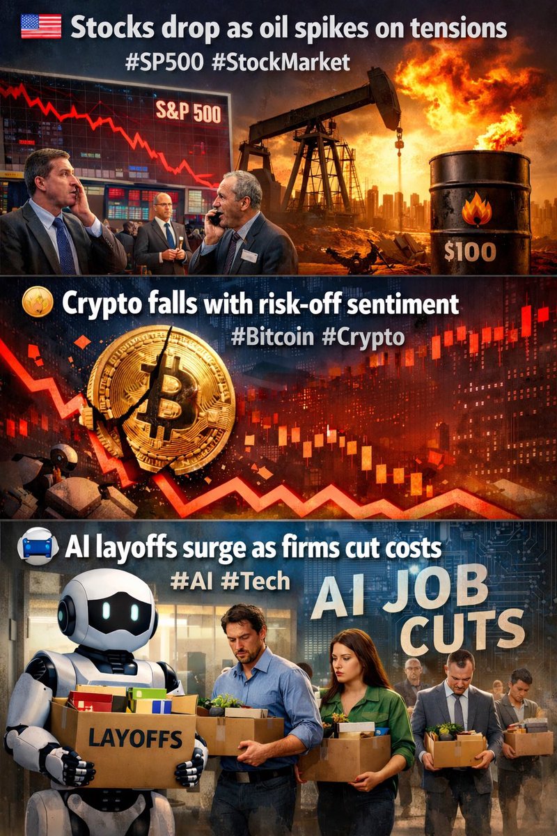 🇺🇸 Stocks drop as oil spikes on tensions #SP500 #StockMarket 
🪙 Crypto falls with risk-off sentiment #Bitcoin #Crypto 
🤖 AI layoffs surge as firms cut costs #AI #Tech