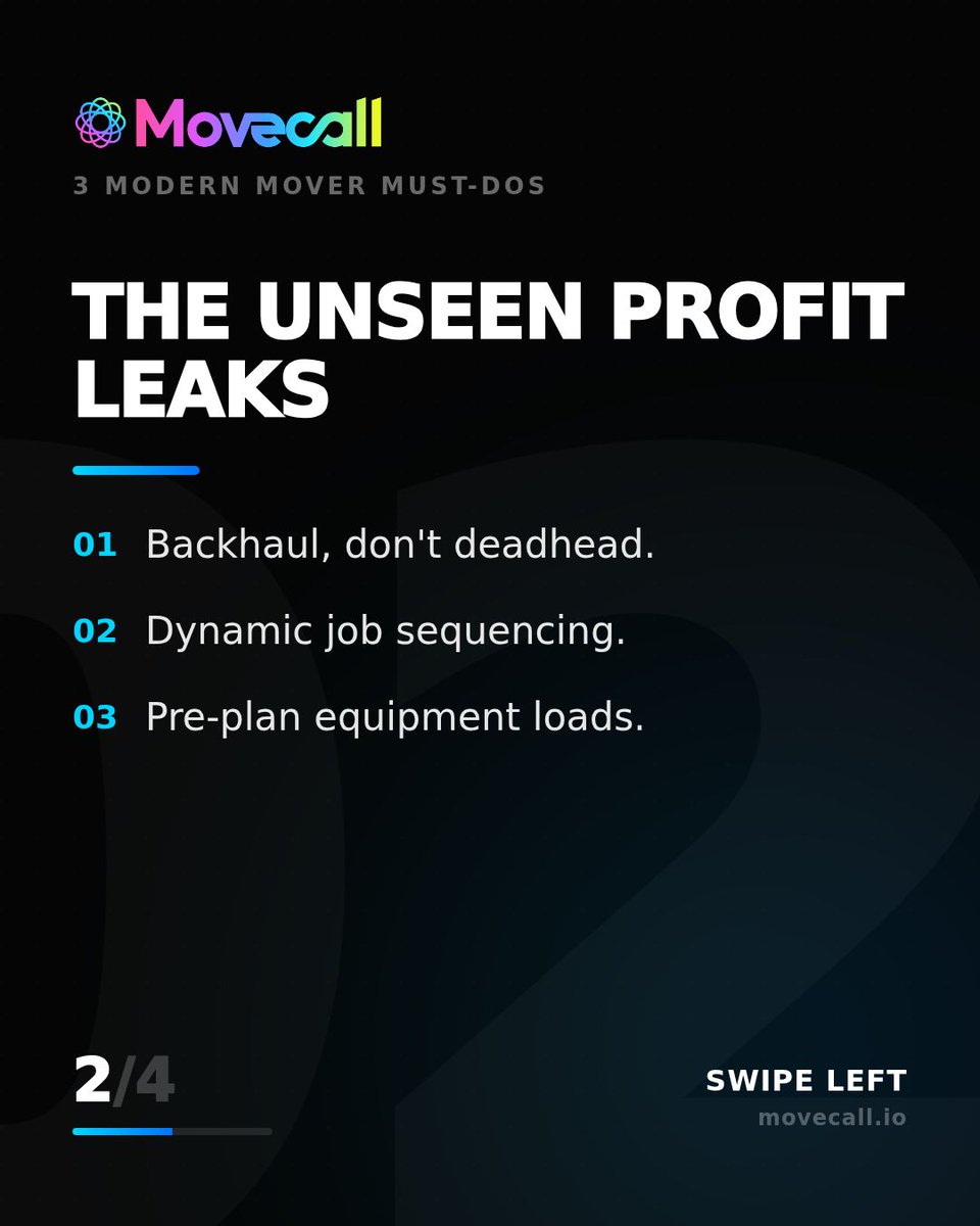 movecall_ai's tweet image. Top movers aren't just working harder, they're working SMARTER. 💡 This carousel reveals the profit secrets transforming good businesses into powerhouses. Stop leaving money on the table!
#MovingCompany #LogisticsTips #EfficiencyHacks

Read more: movecall.io