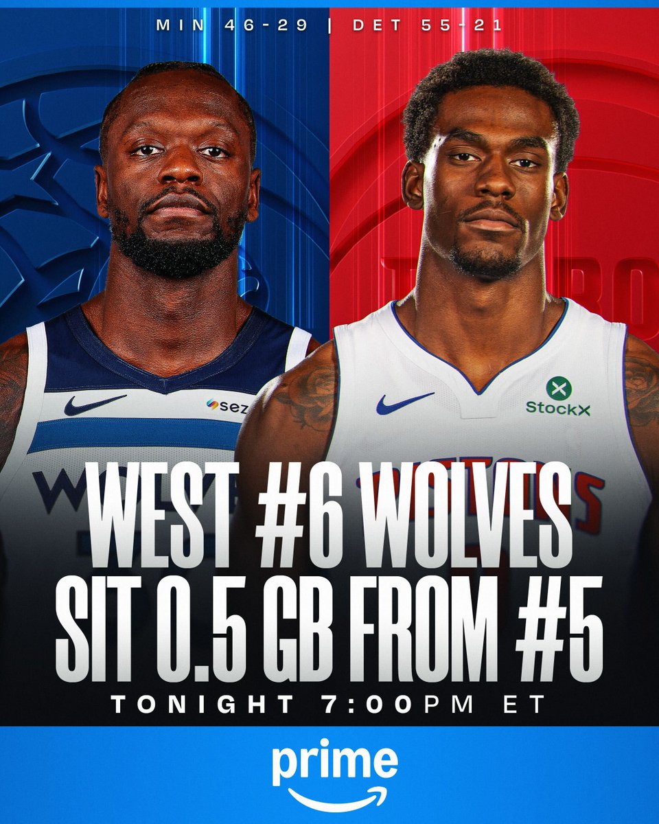 NBA's tweet photo. #6 WEST TIMBERWOLVES
#1 EAST PISTONS
Julius Randle & the Wolves push for the #5 seed as they take on Jalen Duren and the East-leading Pistons!
⏰ 7pm/et, Prime https://t.co/uHOfMRGAUb