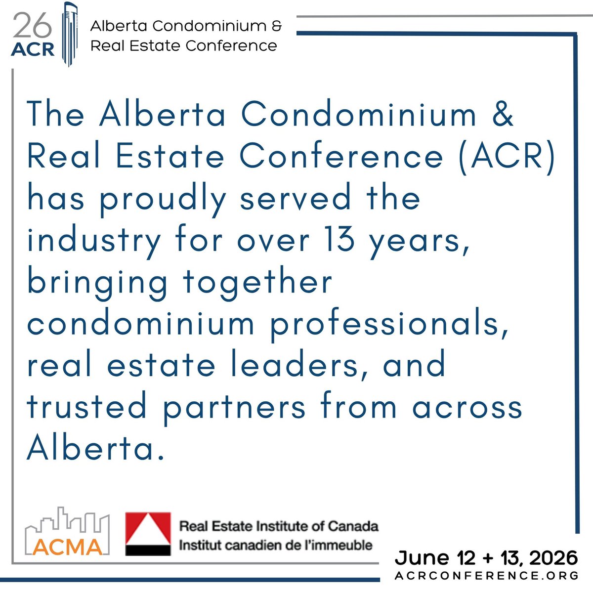 ACRCon's tweet photo. For 13+ years, ACR has brought Alberta’s condo &amp; real estate industry together.
Education. Connection. Impact.
Join us this June.
🎟️ Register now
#ACR26 #yyc #realestate #condo https://t.co/R7j3FK69GZ