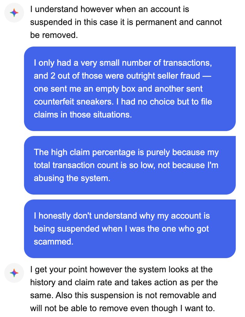 jin_leshgo's tweet photo. @eBay just suspended my account for being too good at getting scammed 😭 bought jordans 3 times got an empty box, fakes, and some custom pair. got refunded each time and now im the problem? https://t.co/I7xJNSLD6f