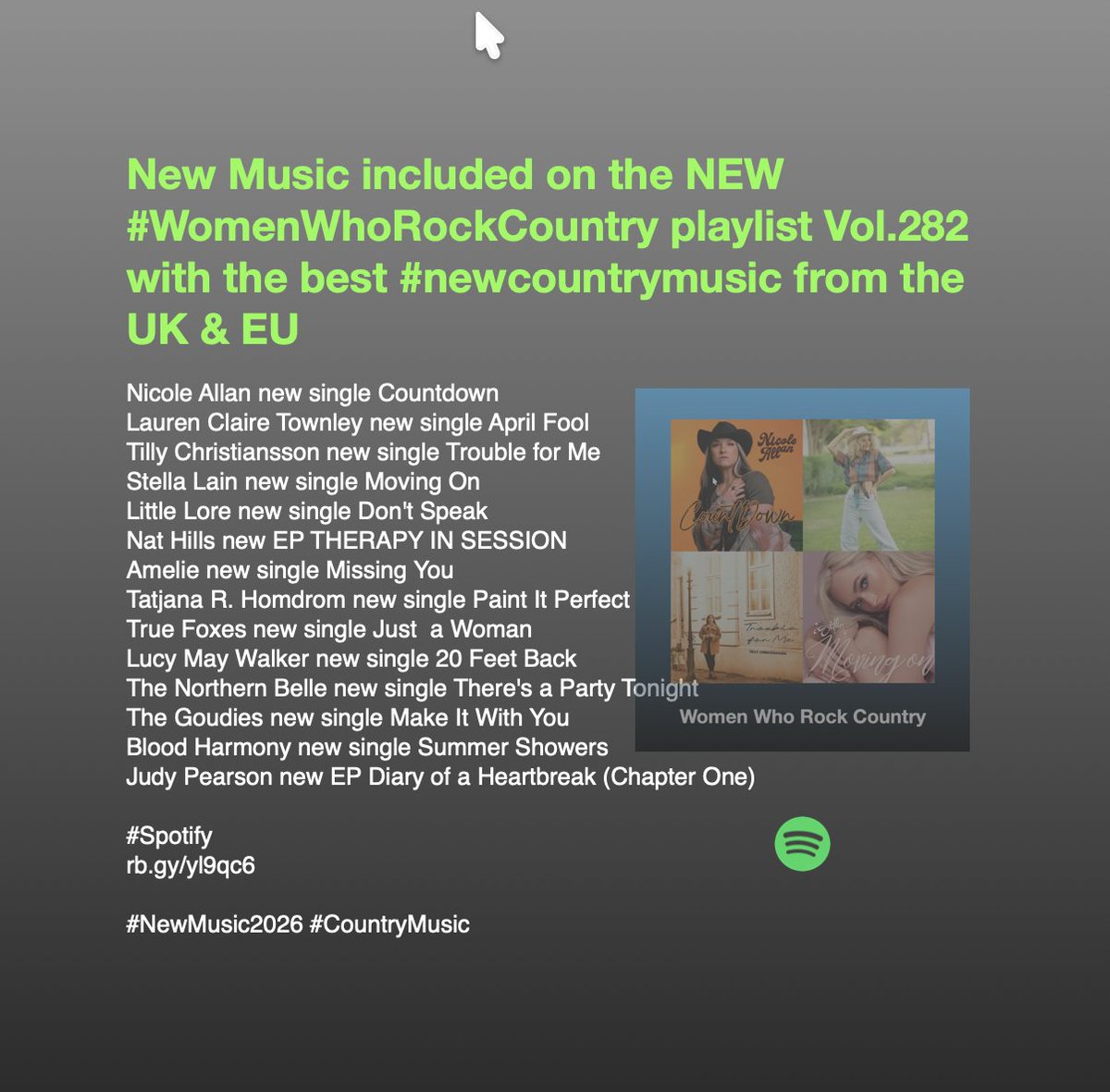 ScottKash88's tweet photo. New Music included on the NEW #WomenWhoRockCountry playlist Vol.282 with the best #newcountrymusic from the UK &amp; EU
@littleloremusic
@TrueFoxes
@Lucymaywalker
@nrthrnbelle
@thegoudies
@JPearsonmusic

#Spotify
https://t.co/LQnN0M00xi

#NewMusic2026 #CountryMusic https://t.co/eN9fDSZEi9
