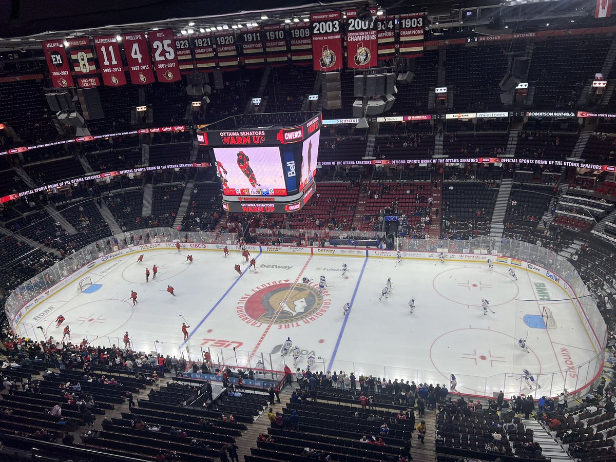 ByMHarrington's tweet image. It’s UPL vs. Ullmark in goal as #Sabres and #Sens get warm here in Ottawa. Dunne in for Carrick. #OneMoreWin. (@TBNSports blimpcam).