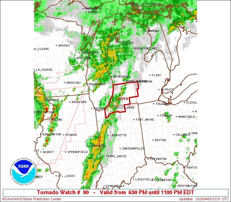 NWSSPC's tweet image. 5:32pm CDT #SPC_Watch WW 90 TORNADO IN MI 022230Z - 030300Z, #inwx #miwx, spc.noaa.gov/products/watch…