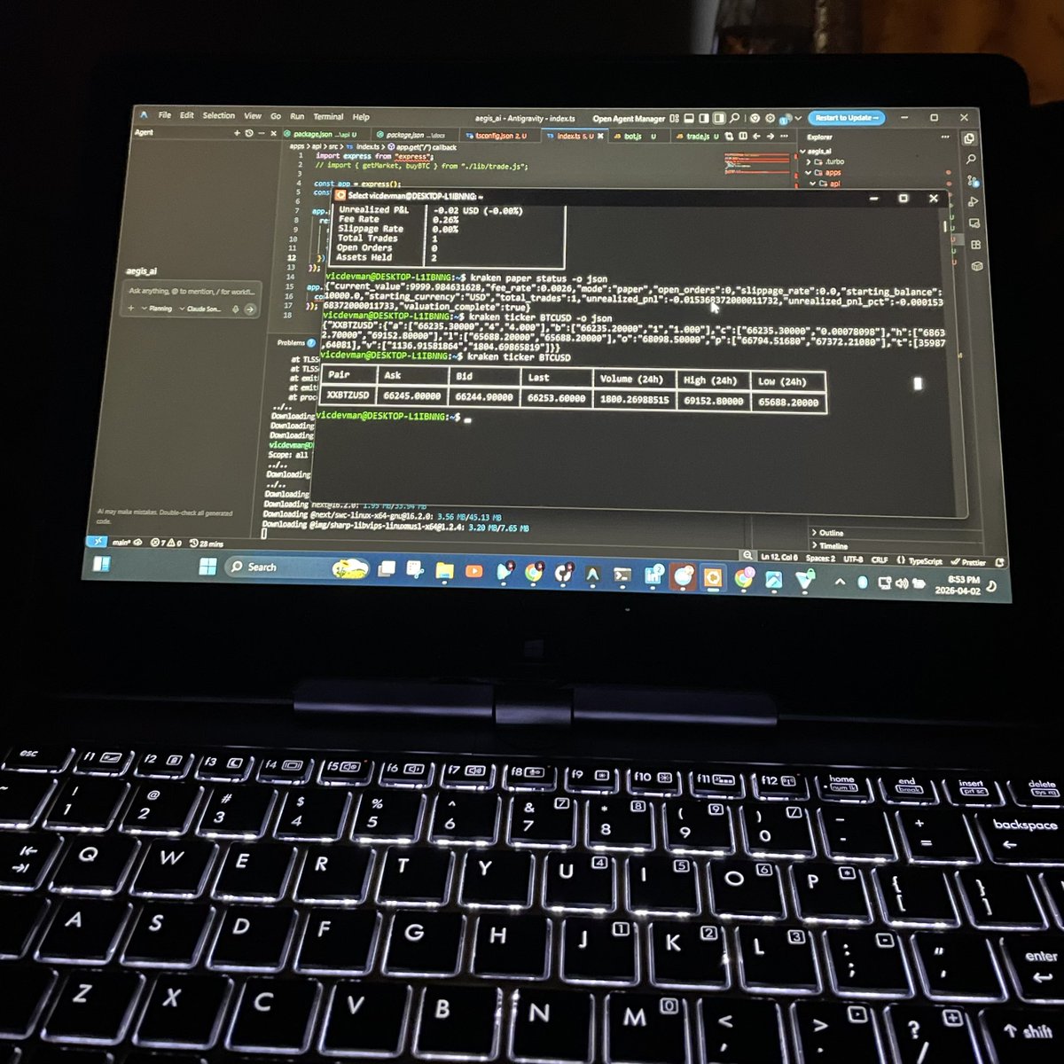 Aegis AI update.

Moved from planning to Execution today.

Integrated Kraken CLI and the agent is already pulling live market data and running initial trade logic.

Hit a few environment edge cases early on (WSL, TS/JS, native deps), resolved, system is stable now.

Focus from