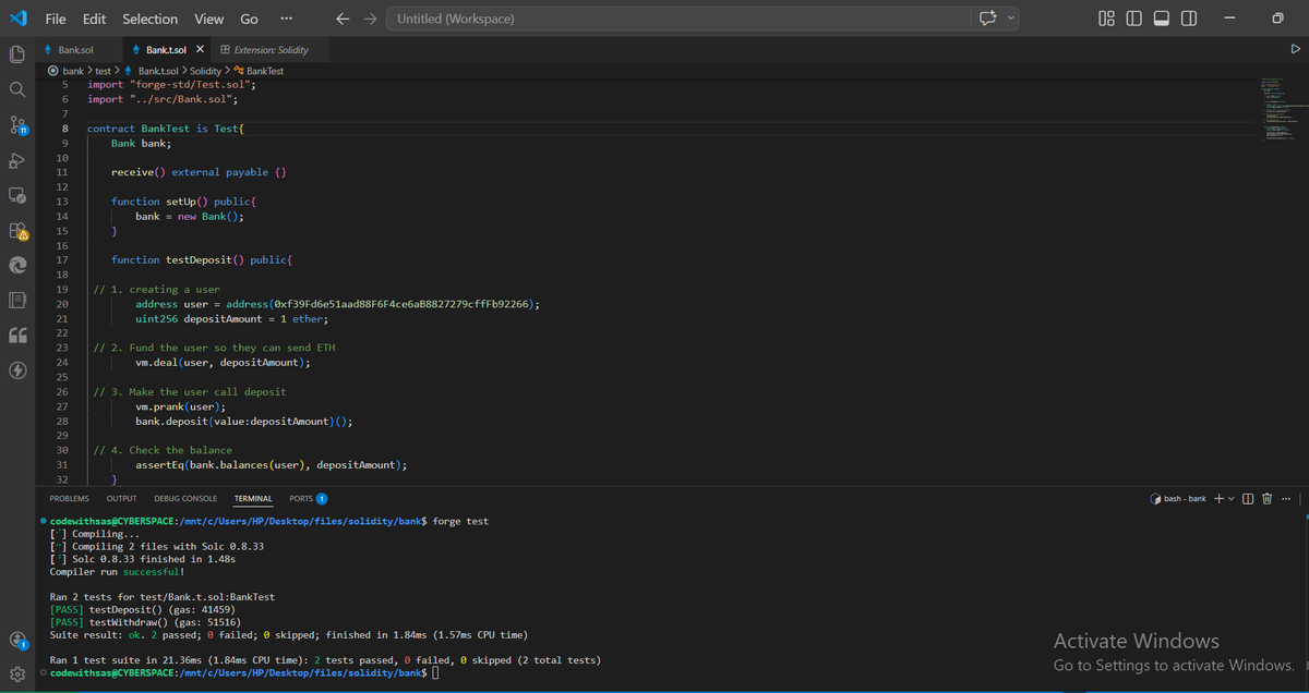 codeWithKay's tweet photo. 🚀 Built a Bank smart contract in Solidity!
💰 Deposit &amp; withdraw ETH, track balances, and emit events ✅
🧪 Tested fully with Foundry + Anvil: deposit/withdraw work, events emit, handles insufficient funds.
Learning by building, one step at a time! #Solidity #Web3 #web3wonders https://t.co/0LAfSEcdAF