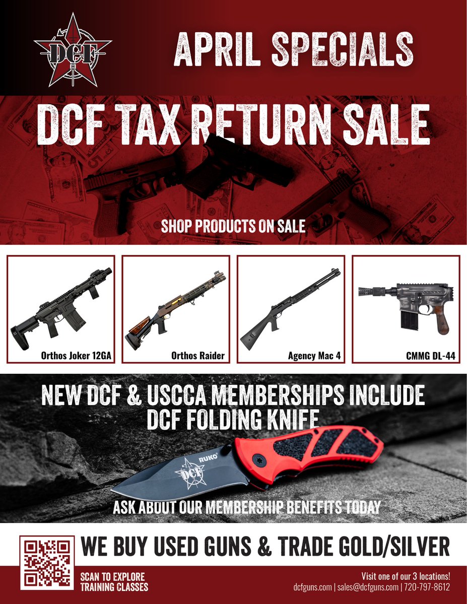 DCFGuns's tweet image. April specials just went live at DCF!

#DCF #DCFSpecials #Orthos #Agencyarms #CMMG #dl44 #knife