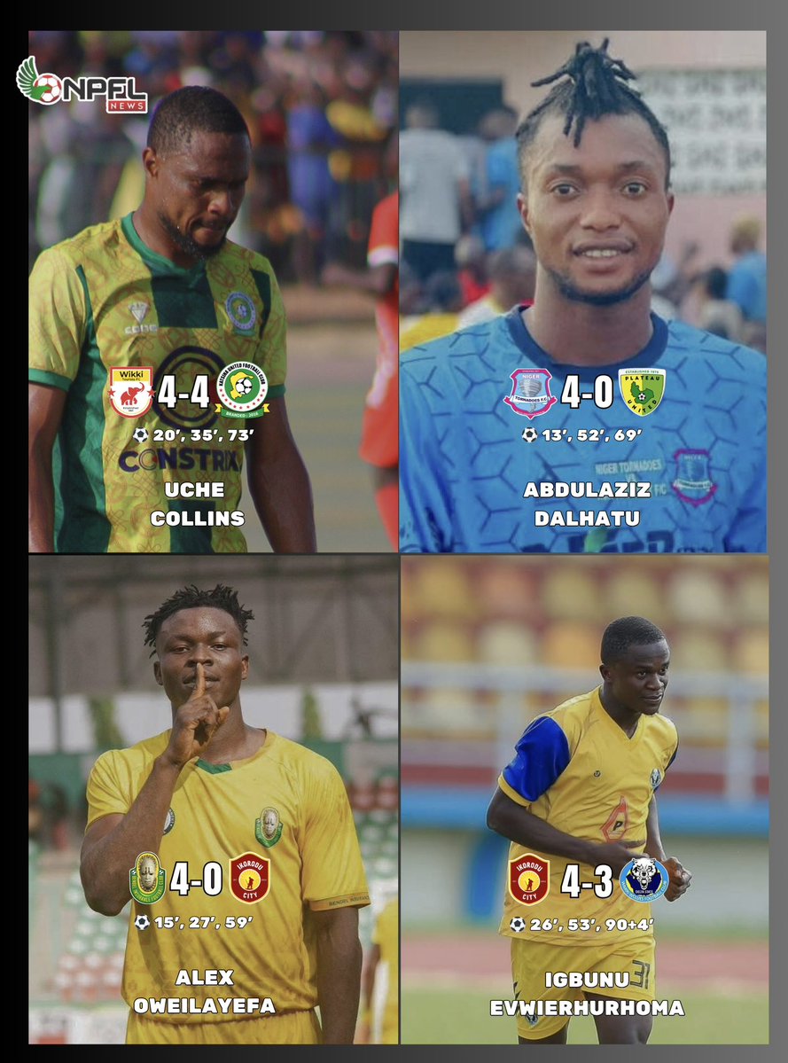 THE HAT-TRICK HEROES OF #NPFL26

There have been four different hat-trick scorers this campaign:

▫️ Uche Collins vs Katsina United FC
▫️ Abdulaziz Dalhatu vs Plateau United FC
▫️ Alex Oweilayefa vs Ikorodu City FC
▫️ Igbunu Evwierhurhoma vs Ikorodu City FC