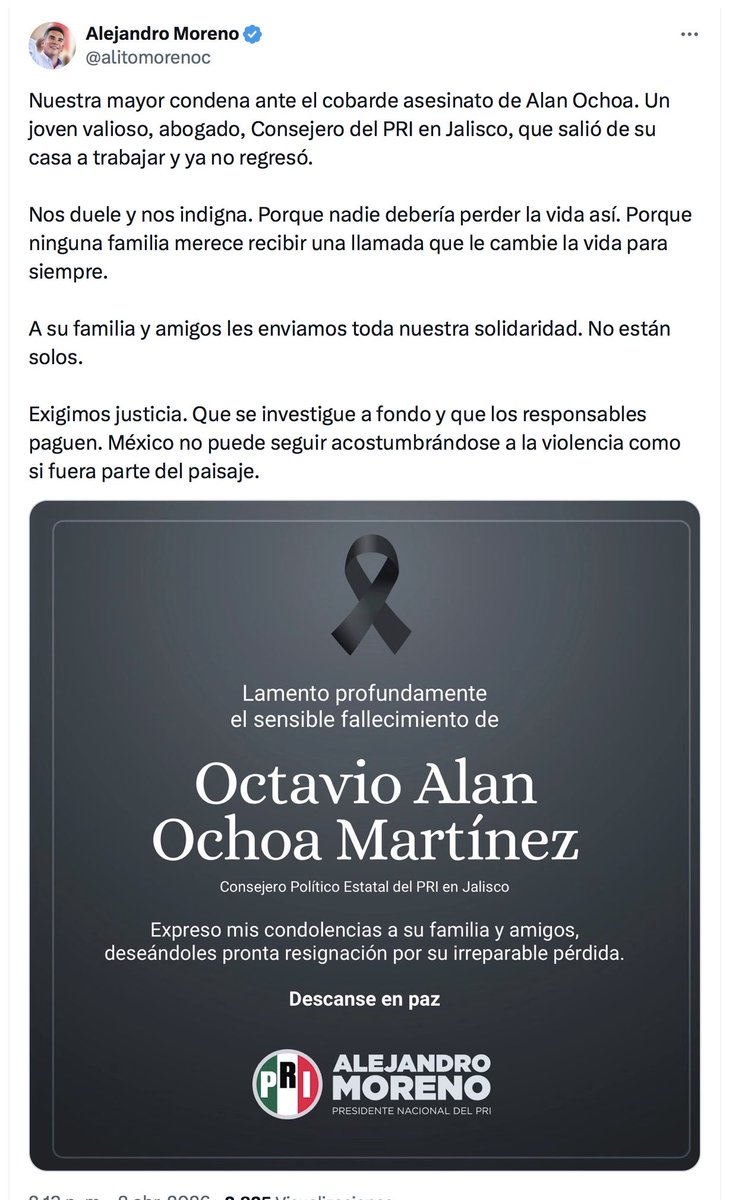 LupitaJuarezH's tweet image. 🔴El dirigente nacional del #PRI, Alejandro Moreno, dio a conocer que el abogado asesinado ayer en Guadalajara era Octavio Alan Ochoa Martínez, consejero estatal del partido en Jalisco y condenó el crimen, por el cual exigió una investigación a fondo para dar con los responsables