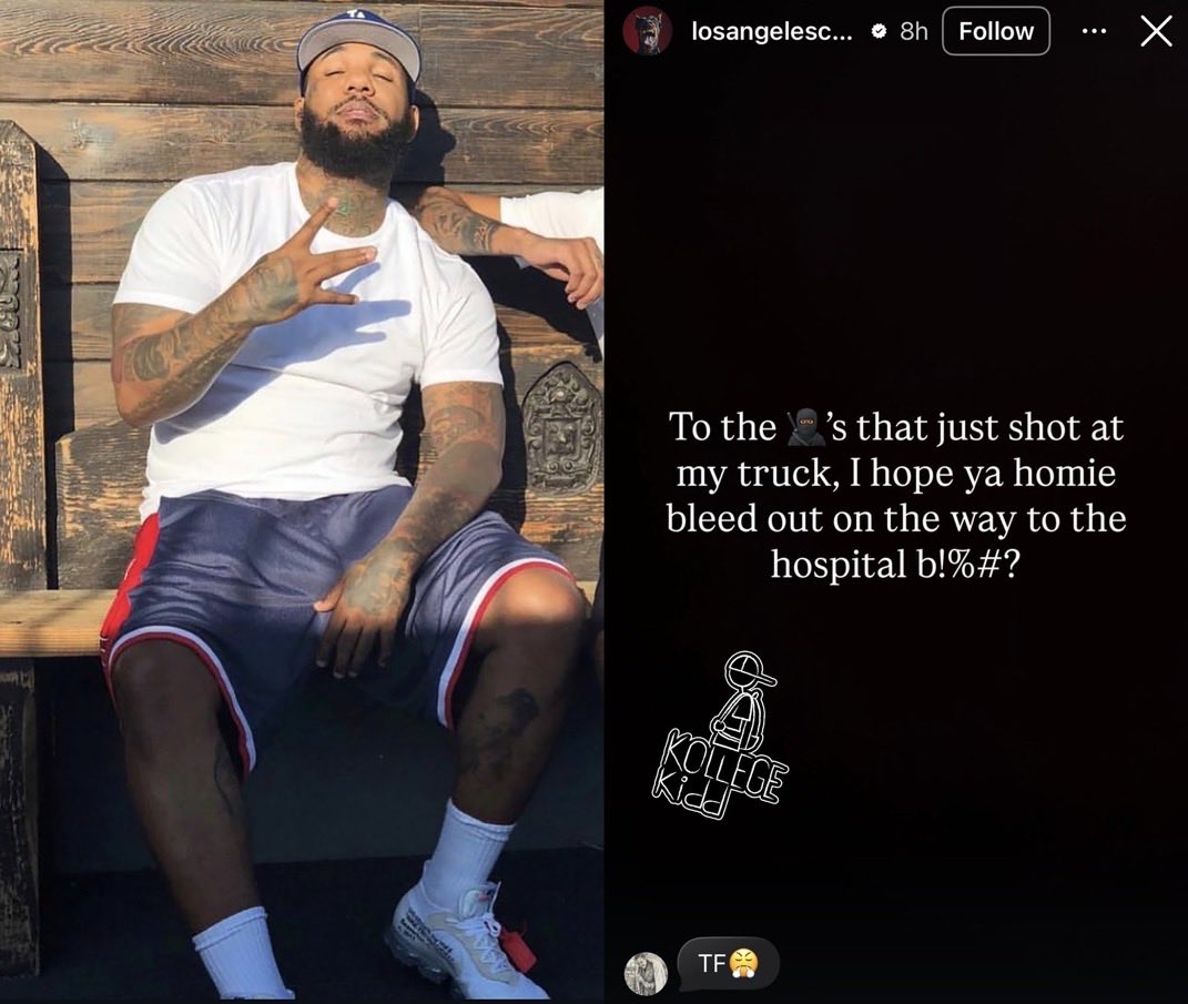 HorizonHiphop's tweet image. 🚨The Game révèle qu'il a tiré sur quelqu'un qui a essayé de le tuer hier

“Aux 🥷🏾 qui viennent de tirer sur mon camion, j'espère que votre pote se vide de son sang en route vers l'hôpital ”

Il cherche tellement tjrs du buzz que je sais même pas si j’le crois 😅