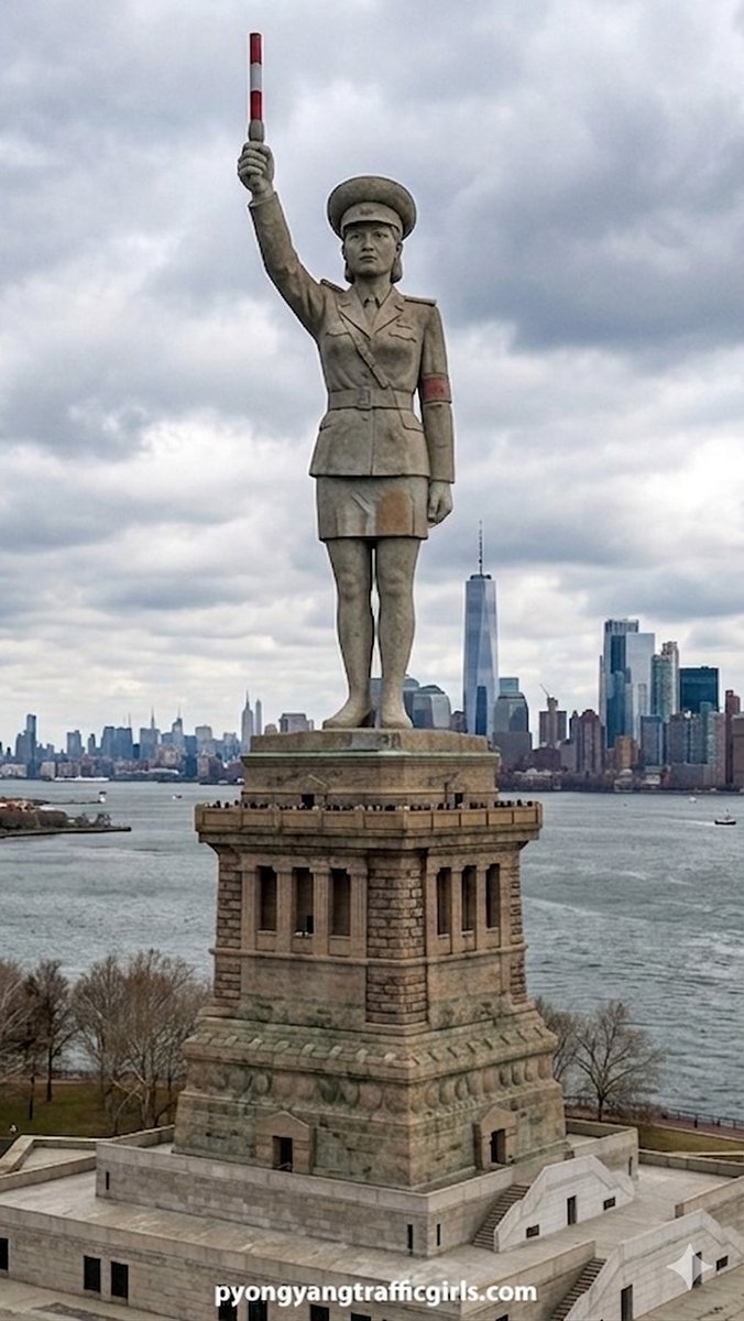 PTGtweets's tweet photo. Defected North Korean traffic controller statue now directing traffic to Ellis Island - the gateway to New York, the United States of America, and freedom from tyranny  for all.  #Pyongyang #Liberty https://t.co/h59xJivQV4