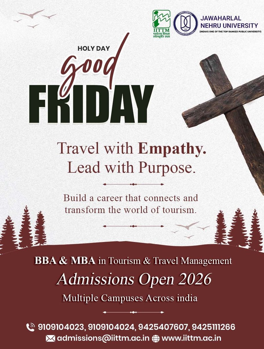iittmofficial's tweet image. Step into a career with purpose this Good Friday ✝️🌿
Travel the world &amp;amp; make a difference 🌍

🎓 BBA &amp;amp; MBA in Tourism &amp;amp; Travel Management
📢 Admissions Open 2026

Apply: iittm.ac.in/Admissions2026…

#GoodFriday #LeadWithPurpose #TourismCareers #AdmissionsOpen #iittm