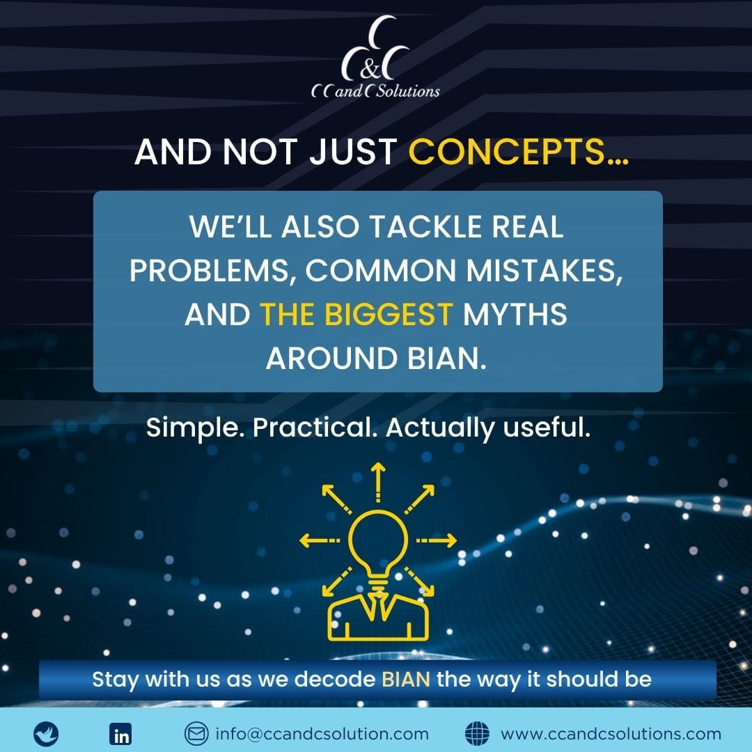 ccandcsolutions's tweet photo. So, what are we actually covering in this series? 👀 If you’ve ever struggled to connect the dots between BIAN concepts and real implementation, this series will help you do exactly that 
#BIAN #EnterpriseArchitecture #DigitalTransformation #BankingTech #ArchIQ #CCandCSolutions https://t.co/gj8bHbhd6r