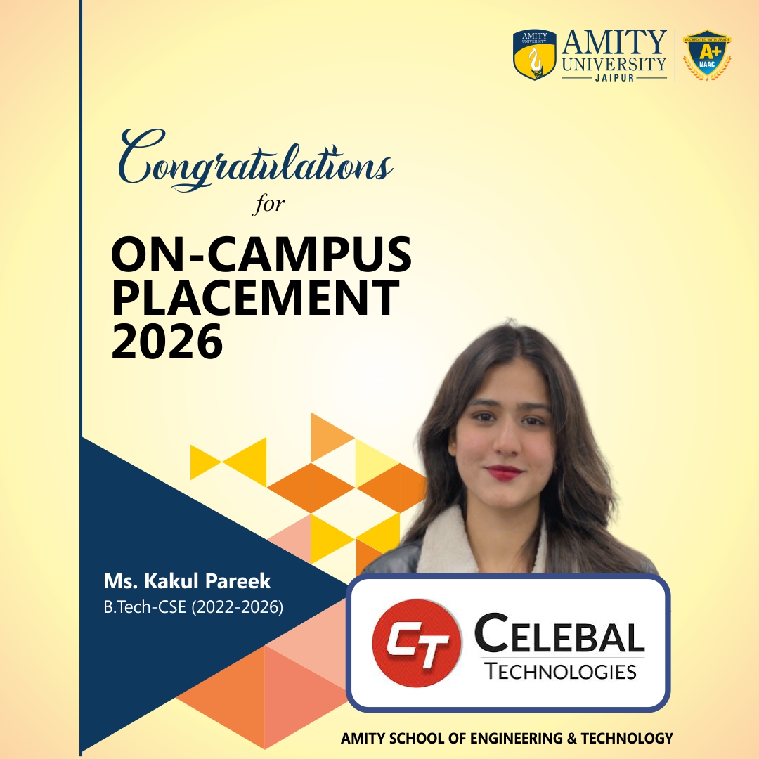 AmityUniJaipur's tweet image. We are proud to share that Ms. Kakul Pareek from our BTech CSE (Batch 2022-2026) has secured a placement at Celebal Technologies! 

#AmityUniversityJaipur #CampusPlacements2026 #EngineeringExcellence #CelebalTechnologies #BTechCSE #CareerSuccess #LifeAtAmity
