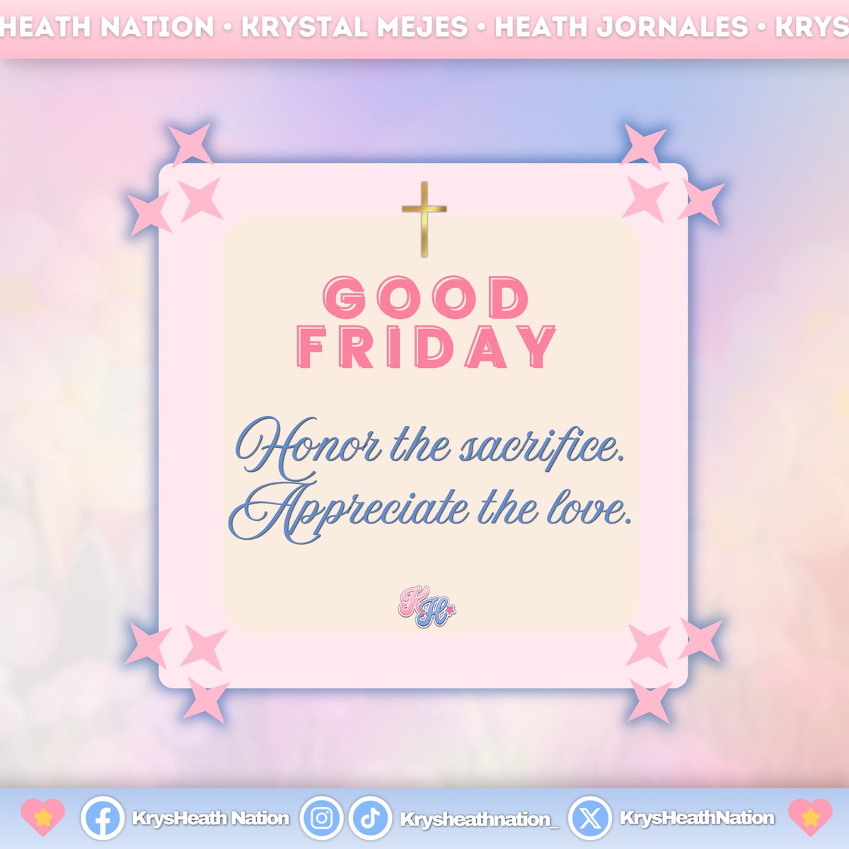 KrysHeathNation's tweet image. Take a moment to reflect on the true meaning of sacrifice and unconditional love.
 Carry this spirit in how we support and care for one another. 💖💙

#KrysHeathNation #HolyWeek2026 #GoodFriday #ReflectAndRemember