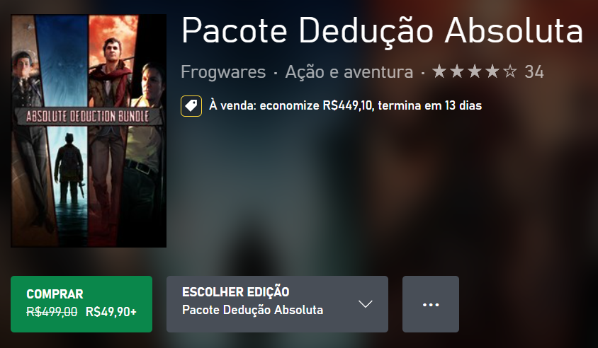 CanalDoEd_'s tweet image. Pacote Dedução Absoluta saindo por R$49,90 na Xbox Spring Sale!

São 4 jogos nesse valor:
Sherlock Holmes Chapter One
Sherlock Holmes: Crimes and Punishments
Sherlock Holmes: The Devil's Daughter
The Sinking City

👉xbox.com/pt-br/games/st…

#xbox #springsale @Frogwares