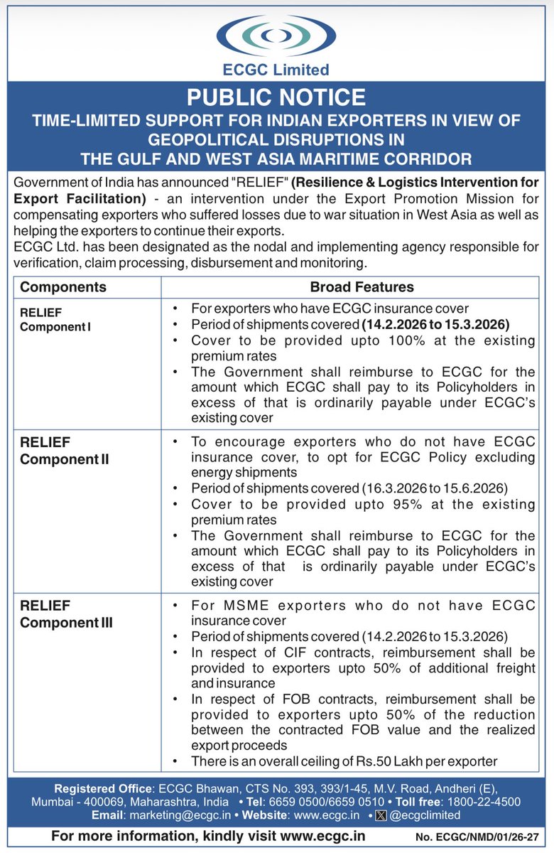 ecgclimited's tweet photo. Public Notice on "RELIEF" (Resilience &amp; Logistics Intervention for Export Facilitation)
@DoC_GoI https://t.co/BgqJ5IxsB6