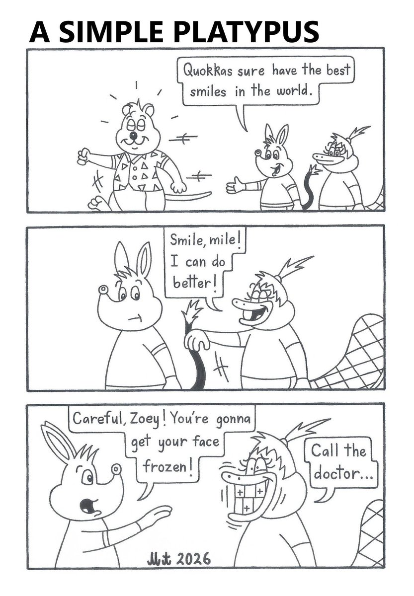 Matthew07463002's tweet photo. A Simple Platypus #21
Zoey thinks she can make the best smile in the world!
https://t.co/Cfmc5Om7li
#ASimplePlatypus #webcomic #Zoey #platypus #Mac #bilby #quokka #smile #frozenface #bigsmile https://t.co/RvAmaS0QNT