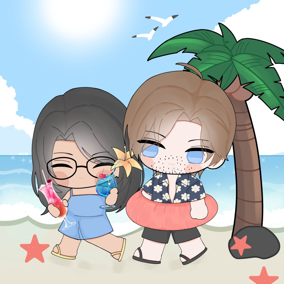 𝐋𝐞𝐨𝐕𝐢𝐚 𝐚𝐧𝐝 𝐈𝐩𝐚𝐦𝐚 𝐁𝐞𝐚𝐜𝐡🏖️
.
Leon : "I hope this will be a real holiday for me" 

art by Ian (fb)