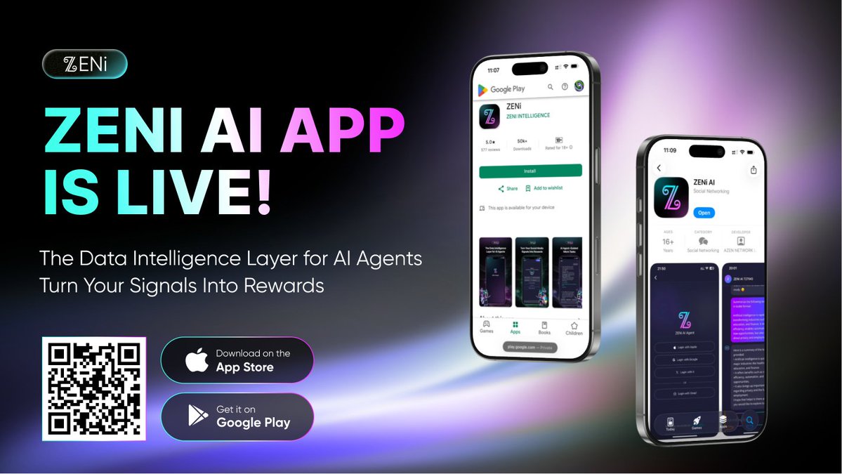 🚀 ZENi AI App is LIVE — now on the App Store &amp; Google Play!

The Data Intelligence Layer for AI Agents.🤖
AI agents run on signals. ZENi makes them reliable.

✨ Turn your online + on-chain signals into verified intelligence (AI + human-in-the-loop)
🎁 Earn $ZEN1 as on-chain