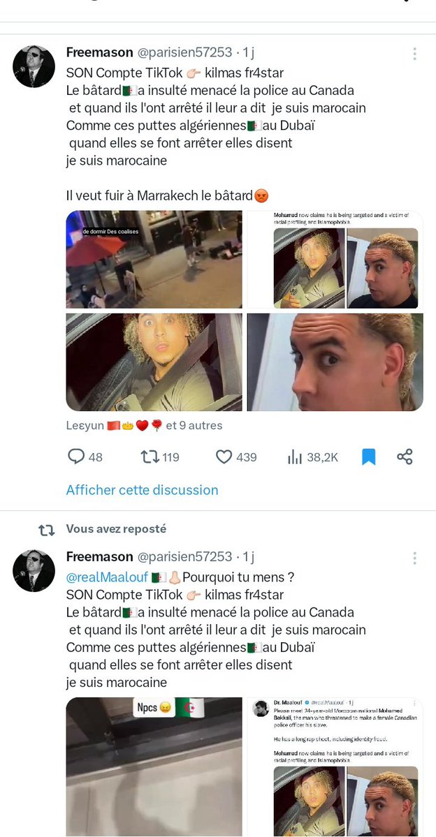 parisien57253's tweet image. 👮🏻‍♂️🕵🏻‍♂️ Marocain😡avec l'accent algérien le bâtard
#PARTAGÉ pour dénoncer🇩🇿🚨ces pratiques !😡
🤮😳 depuis longtemps 😡🙄 les Algériens🇩🇿
 impliquent les Marocains dans leur crimes
 Comme ces puttes algériennes 🇩🇿💃🏻 au Dubaï quand elles se font arrêter elles disent je suis marocaine