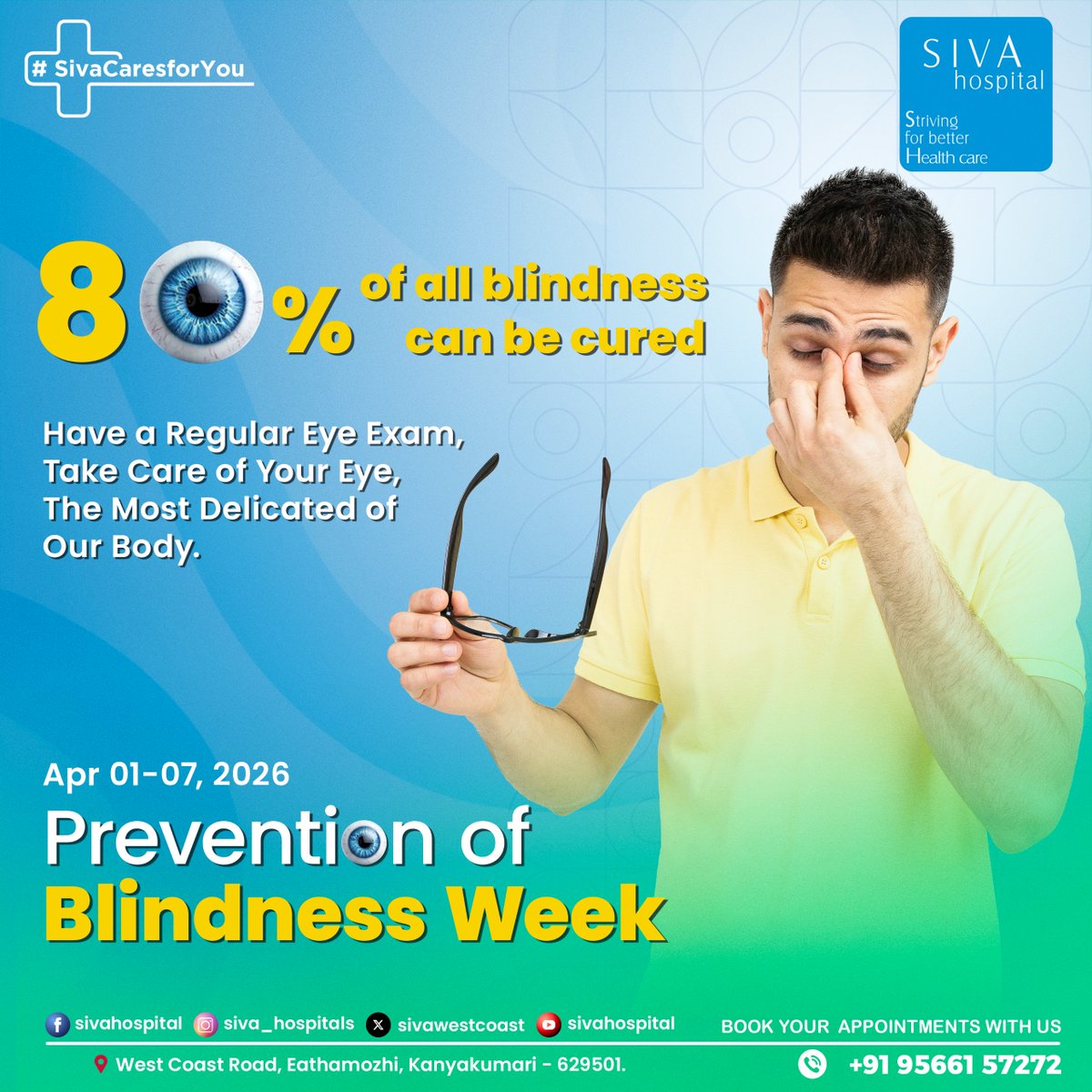sivawestcoast's tweet photo. 👁️ Your vision matters more than you think.

Did you know that nearly 80% of blindness can be prevented or cured with timely care? Regular eye check-ups can help detect issues early and protect your sight for life.

This Prevention of Blindness Week, let’s take a step towards. https://t.co/clVv5ZZVfq