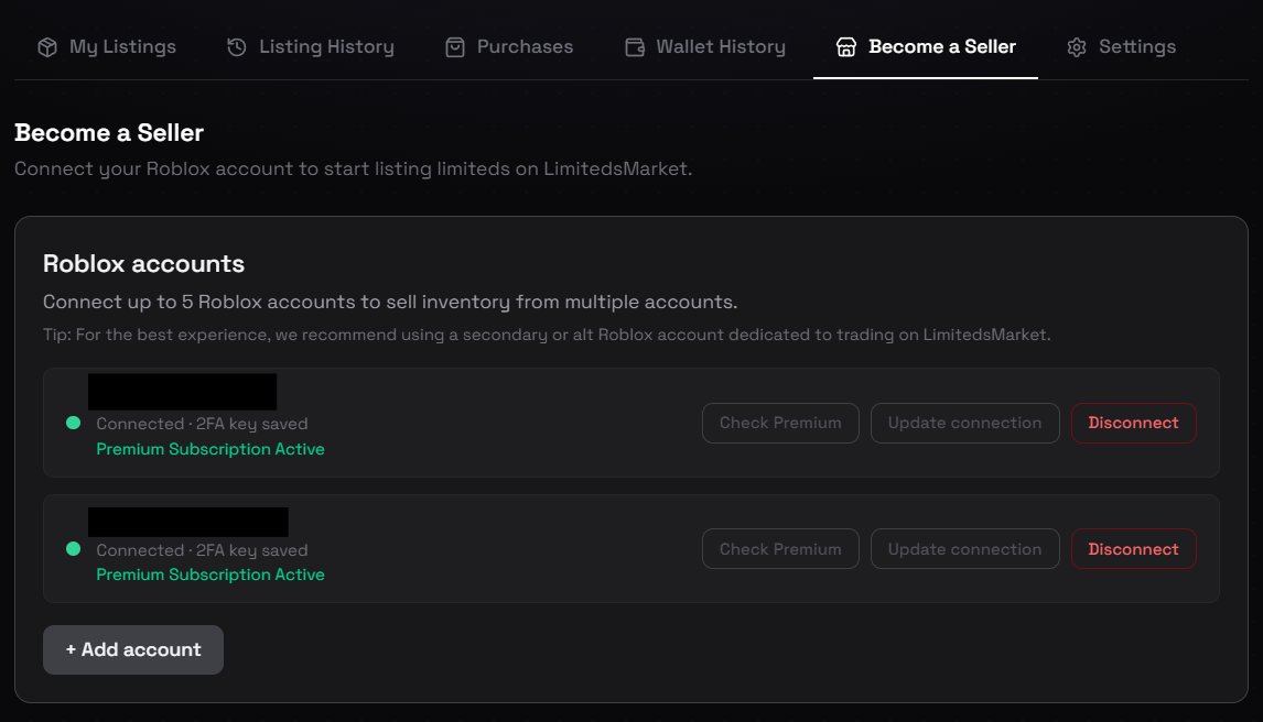 Selling Roblox Limiteds has never been easier:

1. Connect up to 5 roblox account
2. Select limiteds you want to list
3. Set price
4. Get paid in CASH

That’s it.
👇