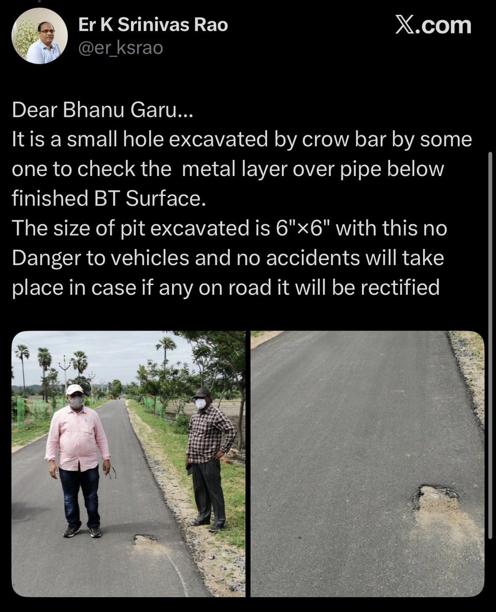 PendyalaShiva2's tweet photo. మా ఊరంటేనే ఎందుకంత చిన్న చూపు ?

రోడ్డు ధ్వంసమైందని ఎన్నో ఏళ్ళు  మొరపెట్టుకుంటే, స్థానిక MLA,MP, కలెక్టర్, ప్రజా ప్రతినిధులను విన్నవించుకుంటే 2021 లో రోడ్డు మరమత్తులు జరిపారు. పాత రోడ్డు కింద ఉన్న కల్వర్టు పైపులు పగిలిపోయినా దాని పైనుండే రోడ్డు వేసారు. వేసిన వారం లోపే మళ్ళీ గుంతలు పడ్డాయి. అప్పు���ే ట్విట్టర్ ద్వారా కలెక్టర్ గారి దృష్టికి తీసుకెళ్తే, జిల్లా పంచాయతీ రాజ్ నుండి ఇంజనీర్ గారు వచ్చి "a small hole excavated by crow bar, with this no Danger to vehicles and no accidents will take place" అని చేతులు దులుపుకున్నారు. ఇప్పుడు అవే గుంతలు ప్రమాదకంగా మారాయి. ఇప్పటికైనా ఇట్టి సమస్యను పరిష్కరించండి. 

ఈ రోడ్డుపై ఎలాంటి ప్రమాదం జరిగినా ప్రభుత్వం, జిల్లా పంచాయతీ రాజ్ విభాగం ఇంజనీర్లే బాధ్యత వహించాలి…

@Collector_RSL @JC_RSL @KTRBRS @bandisanjay_bjp @Bhatti_Mallu @revanth_anumula