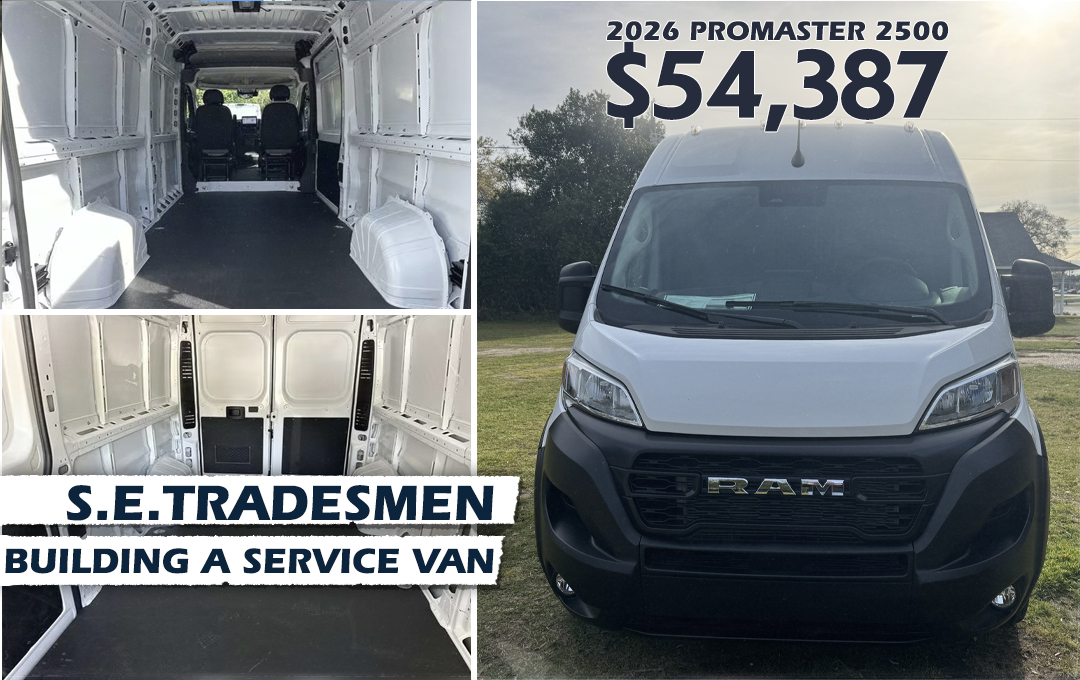 SE_Tradesmen's tweet photo. BUILDING A SERVICE VAN - POST 2: THE VAN

Why We Chose the 2026 Ram Promaster 2500

The foundation of every service van is the vehicle itself. For us, it’s simple; we stick with what works.

This one is a 2026 Ram Promaster 2500, and like the rest of our fleet, it came from @HillDodge right here in Pensacola. The out-the-door price was $54,387.

We’ve made a decision as a company to stay consistent:
All service vans = Promasters
All trucks = Dodge Tradesman

Why?
1) Because consistency matters.
2) It makes scheduled maintenance easier.
3) It keeps warranty work simple.
4) Upfitting is faster.
5) Wraps are easier and more affordable.

When you run the same platform across the board, you eliminate a lot of problems before they ever start.

It’s not about chasing the newest thing or getting whatever is available; it’s about building a system that works. Consistency and efficiency go a long way in the trades.

#pensacola #plumbing #plumbingvan