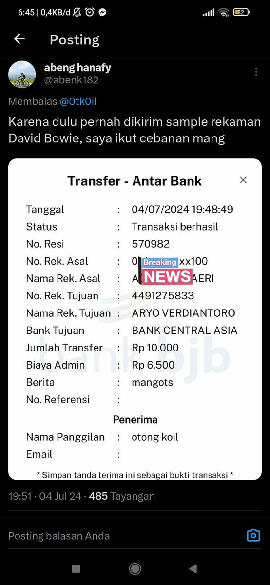 abenk182's tweet photo. @pantungalimar @0tk0il @midiahn Masih ada dokumennya, ternyata cuma transfer ceban 😭 https://t.co/hi0YIRRRfL