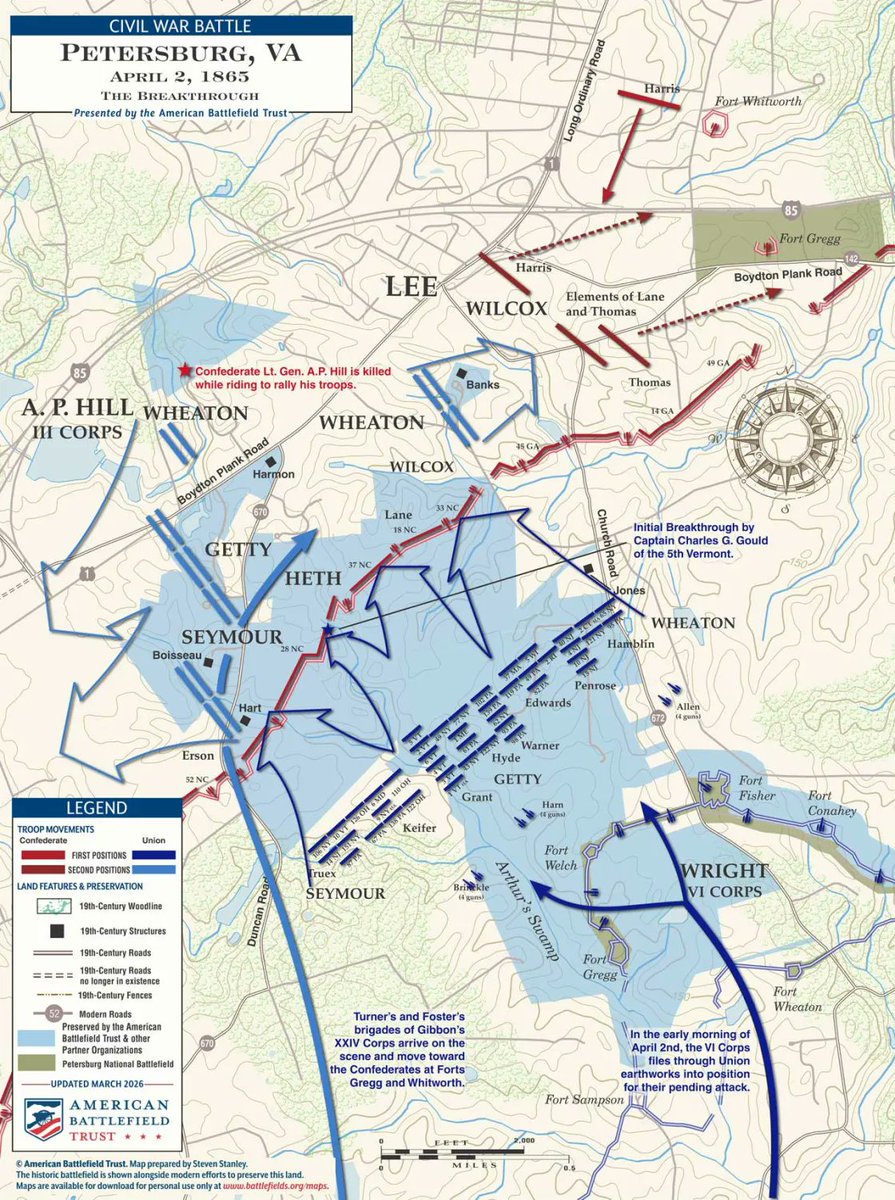 TammiMinoski's tweet image. #OTD 1865: At approximately 7:00 a.m., Union forces attacked Confederate lines at Petersburg, Virginia. By afternoon, CSA troops had begun to evacuate. The Union victory ensured the fall of Richmond, the capital of the Confederacy, located 25 miles north of Petersburg. #CivilWar