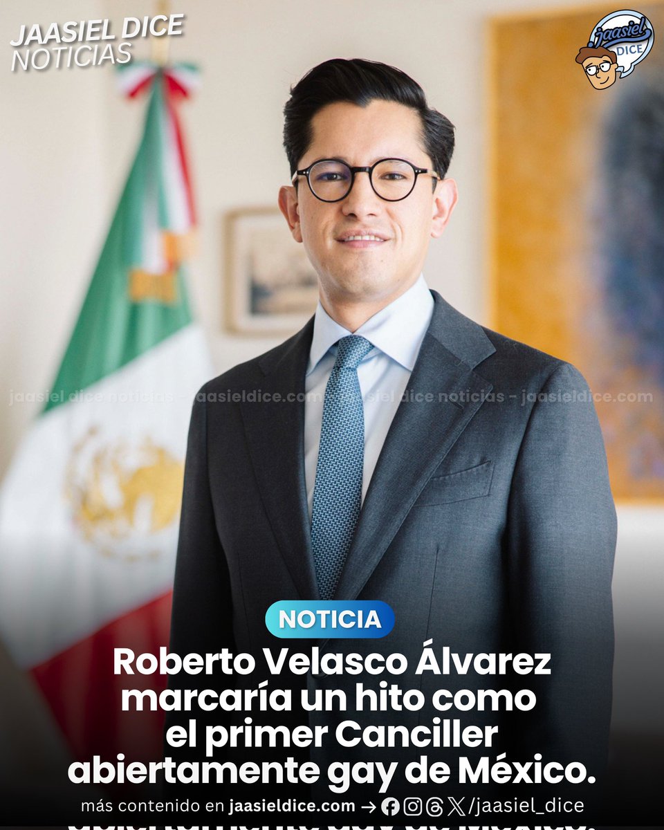 Jaasiel_Dice's tweet photo. México marca un momento histórico con la llegada de Roberto Velasco Álvarez como titular de la Secretaría de Relaciones Exteriores, tras ser designado por la presidenta Claudia Sheinbaum.

Con este nombramiento —pendiente de ratificación por el Senado— Velasco se convierte en el funcionario abiertamente LGBTQ+ de más alto rango en la historia del gobierno federal mexicano.

Su llegada a la Cancillería representa un avance de visibilidad y diversidad dentro de los espacios de poder en México.