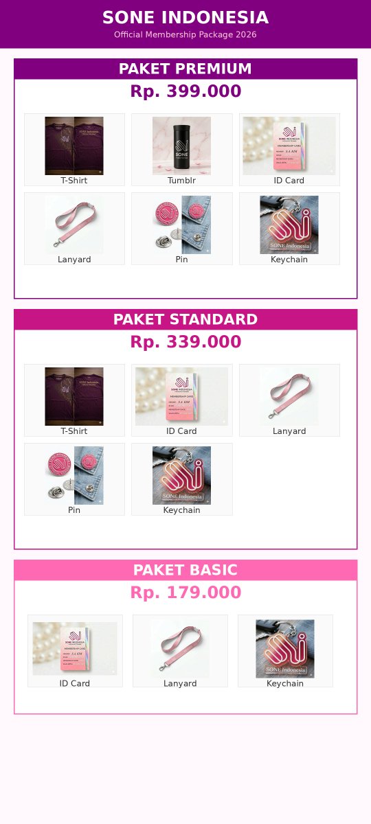 SONE Indonesia Membership Kit 2026
1. Paket Premium Rp.399.000
2. Paket Standard Rp.339.000
3. Paket Basic Rp.179.000
Limited 400 slots, Free ongkir seluruh Indonesia, kelengkapan tiap paket ada di gambar yang terlampir
pesan di : forms.gle/vTffCUvKPkUjkq…
