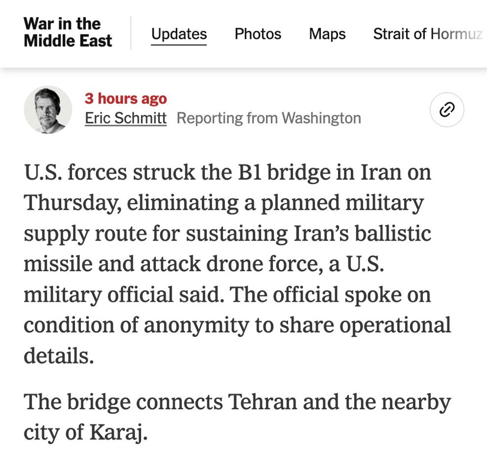 BREAKING: The reason the B1 bridge in Iran was struck was due to it being a key supply route for sustaining Iran’s ballistic missile and drone attacks.

On the other hand, Iran executed 637 of its own citizens and there is zero outrage.
