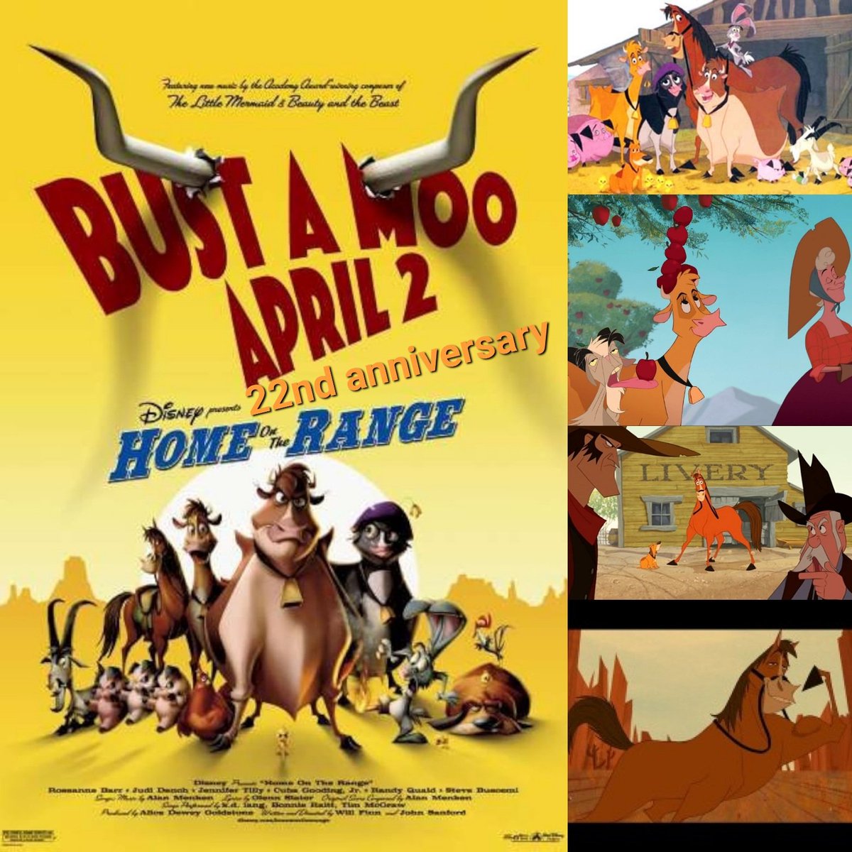 ArenStenslie's tweet image. Today, it even marks the #22ndanniversary of #WaltDisneyPictures's 45th Animated Feature, "#HomeOnTheRange".
@therealroseanne @JenniferTilly #Disney @Disney #MaggieCow #MrsCalloway #GraceCow #BuckTheHorse #AlamedaSlim #Rico #LuckyJack #PearlGesner #JebTheGoat