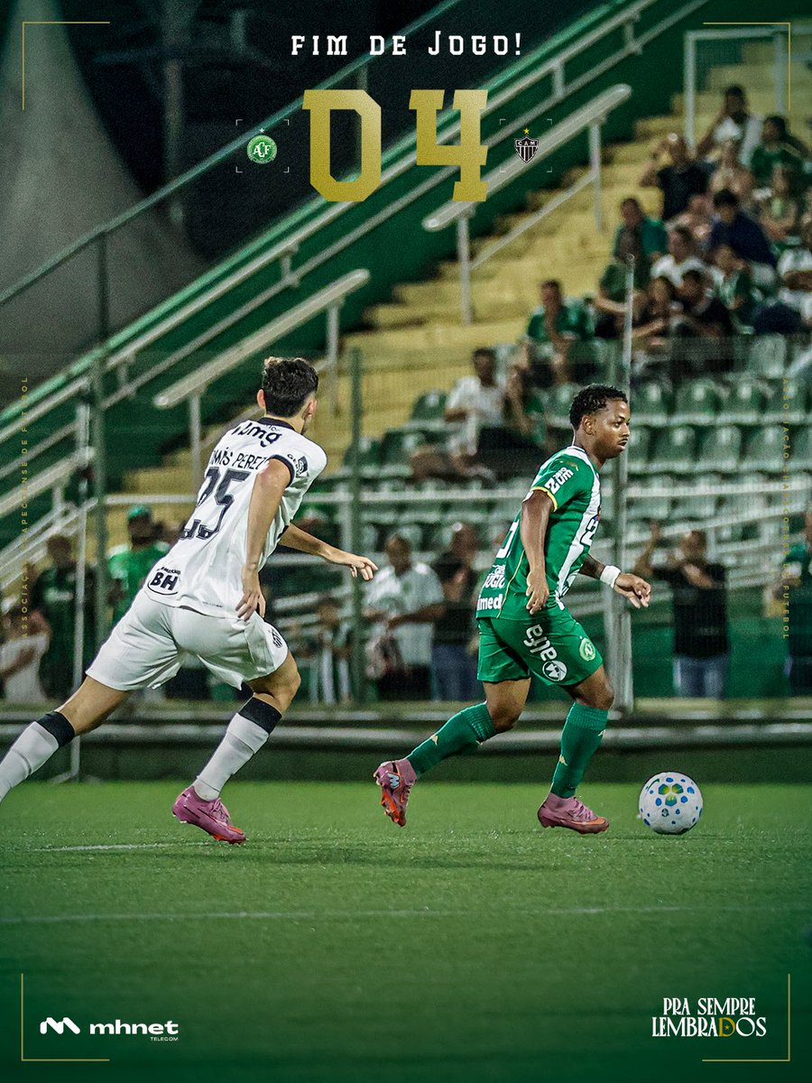 Fim de jogo. 

Chapecoense 0x4 Atlético-MG 

🗓️ Agenda: A Chapecoense entra em campo novamente neste domingo (5), às 16h, diante do Vitória, na Arena Condá, pela 10ª rodada da Série A do Brasileirão. 

📸 Rafael Bressan | ACF