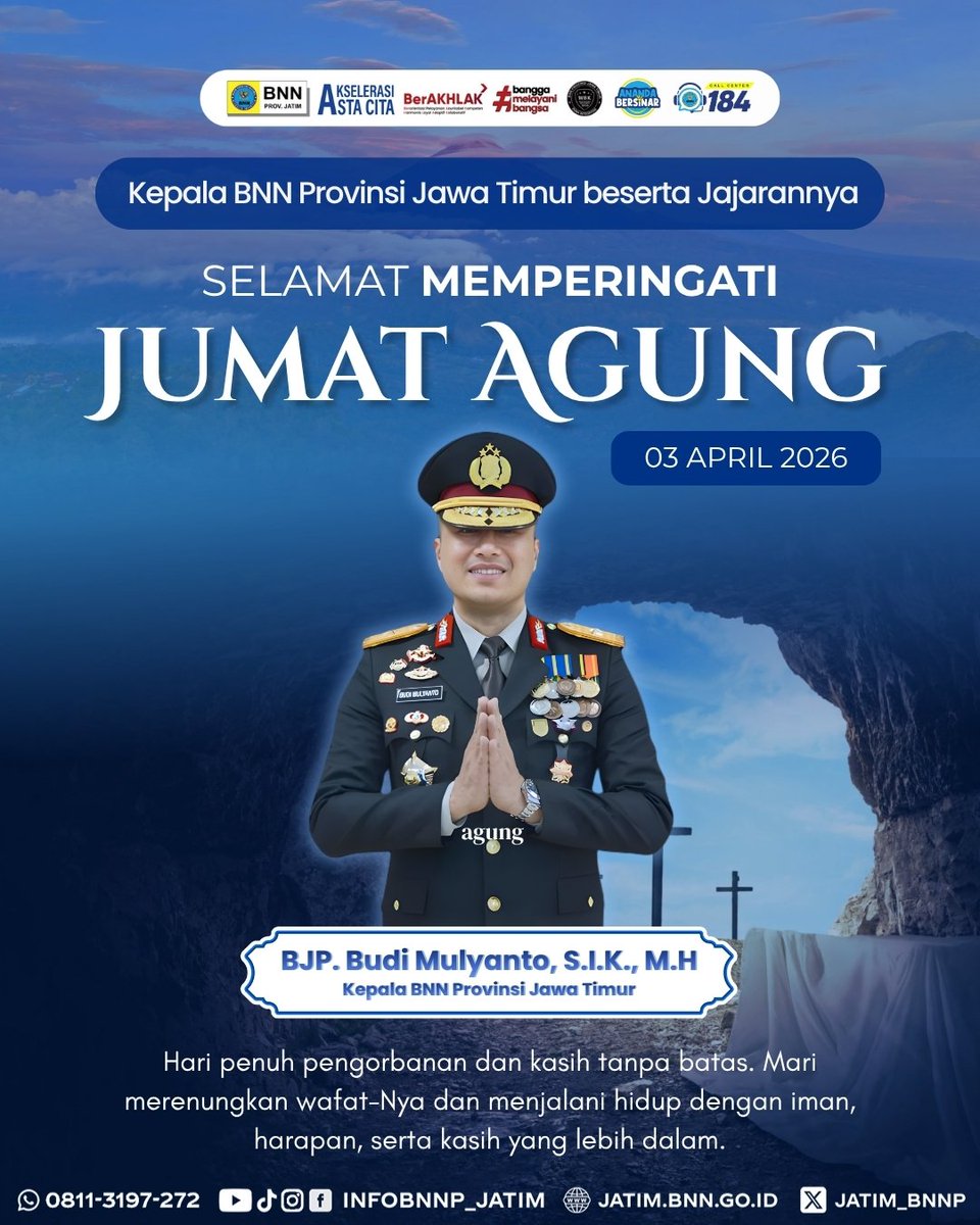 Momentum ini hadir untuk mengenang pengorbanan dan kasih yang tulus, serta memperkuat iman, harapan, dan kepedulian dalam kehidupan sehari-hari

#JumatAgung #IndonesiaBersinar #WarOnDrugsHumanity #BNNPJawaTimur #JatimSANGAR